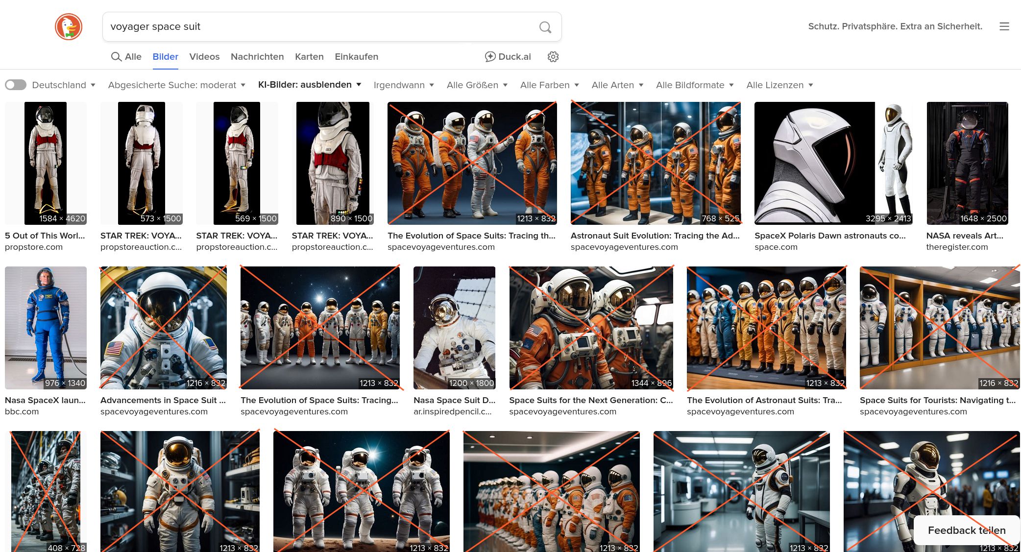 DuckDuckGo Screenshot of an image search for "voyager space suit". The results show roughly 6 "normal" images and roughly 20 AI generated slop images. Yes, it is set to *hide* AI images. It does not work.