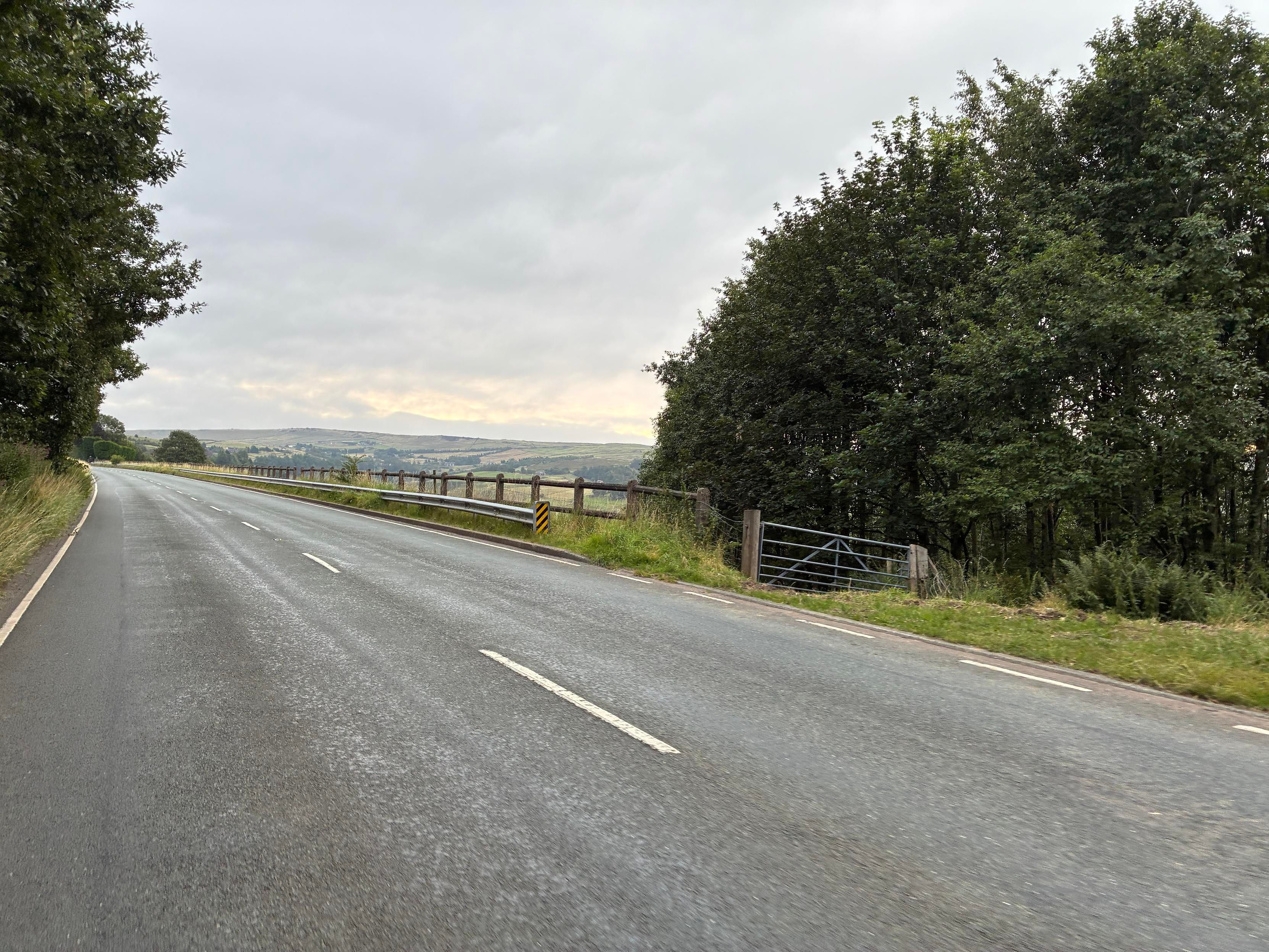 A winding road lined with grass and trees, leading toward a distant landscape under a cloudy sky. A wooden fence runs alongside the road, with a gate visible among the trees.