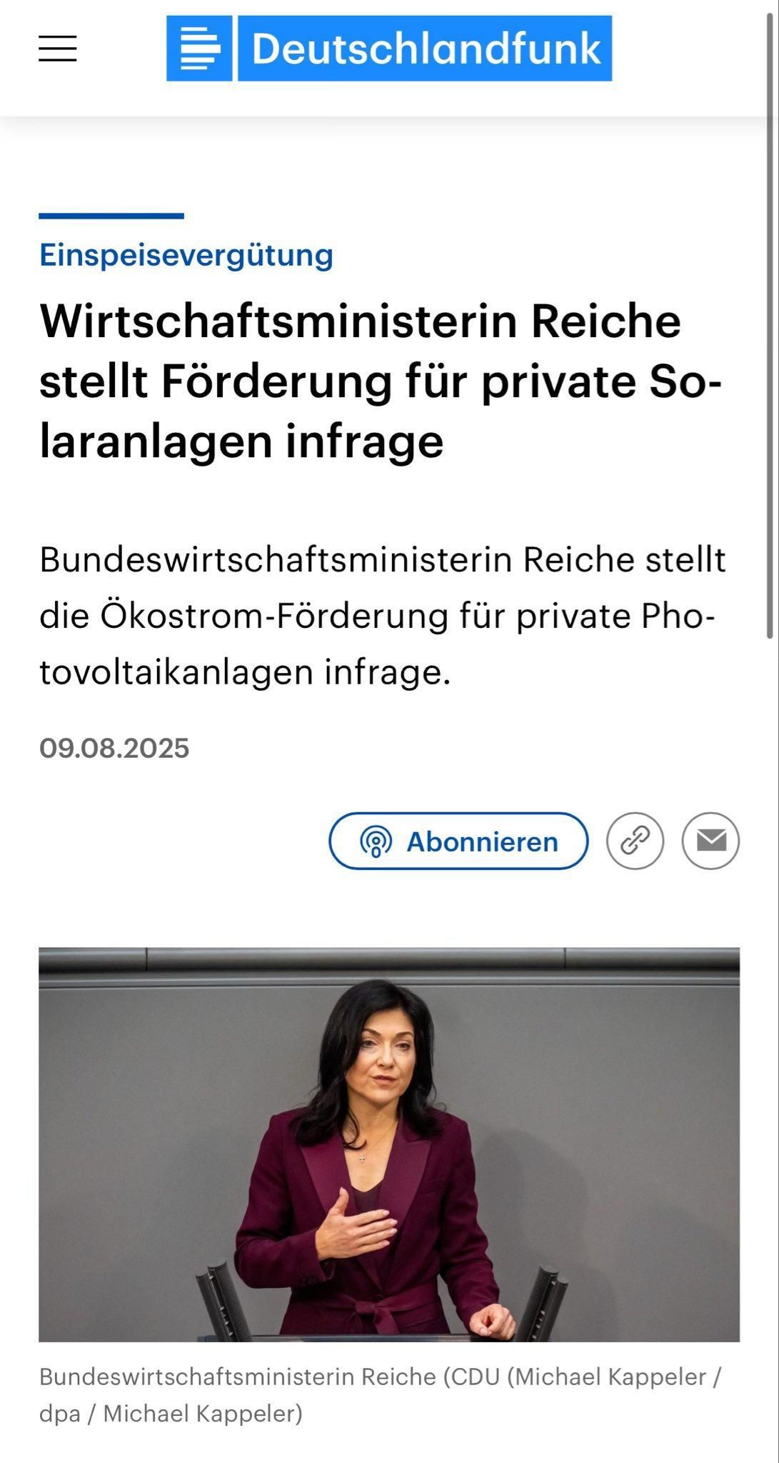 Deutschlandfunk, reiche stellt ökostromförderung für private photovoltaikanlagen infrage