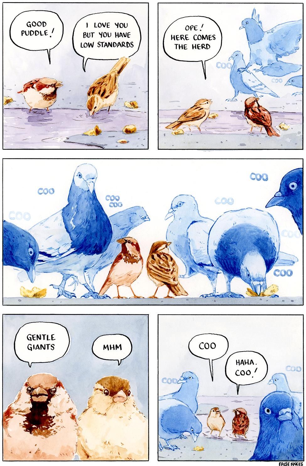 We see two house sparrows drinking out of a puddle. The male says to the female: "Good puddle!" to which she replies "I love you but you have low standards". Pigeons arrive in the background, the female says "Ope! Here comes the herd" There is a long horizontal frame of the two sparrows in the midst of a bunch of pigeons cooing around them. The male then says "gentle giants" the female agrees "mhm" and then says "coo" and the male responds "haha. coo!"