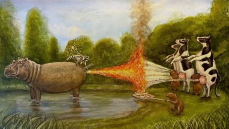 Where do I begin with this one? It's a painting or drawing of a pond meadow scene. In the pond is a hippo blasting fire from its ass. On its back is a racoon lighting sparklers on the flame. On the shore are three cows on their hind legs with beavers shooting milk from their udders at the hippo's flame. Below where the milk is hitting the flame is another beaver holding a peel with some sort of dishes being cooked and milked.