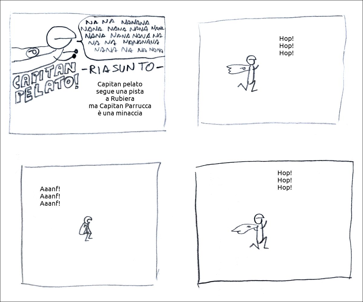 Capitan Pelato riassunto: «Capitan pelato segue una pista a Rubiera ma Capitan Parrucca è una minaccia»
Capitan Pelato corre
Capitan Pelato prende fiato
Capitan Pelato corre
