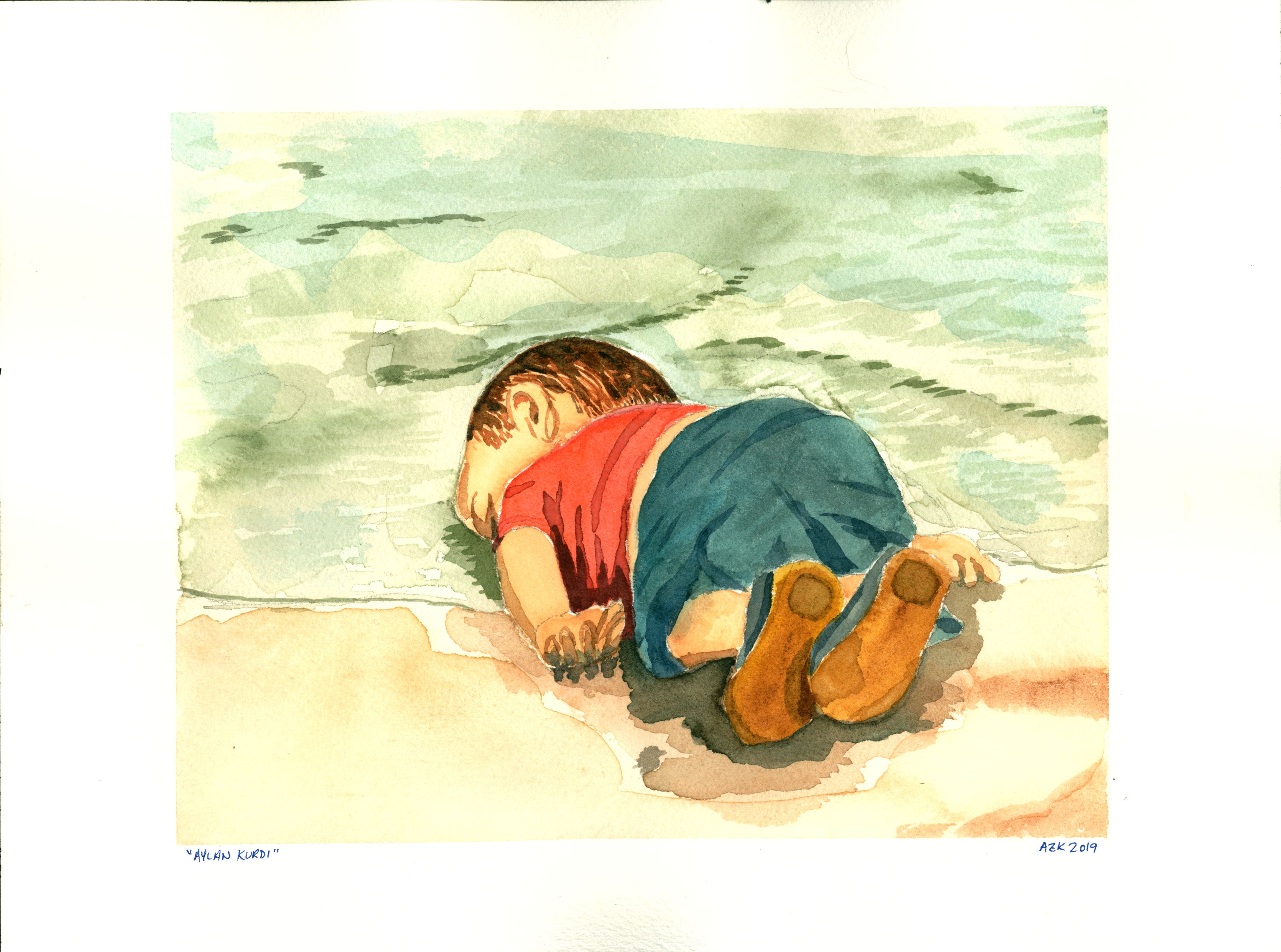 "Aylan Kurdi" watercolor of a child's waterlogged body washed up on the sand.