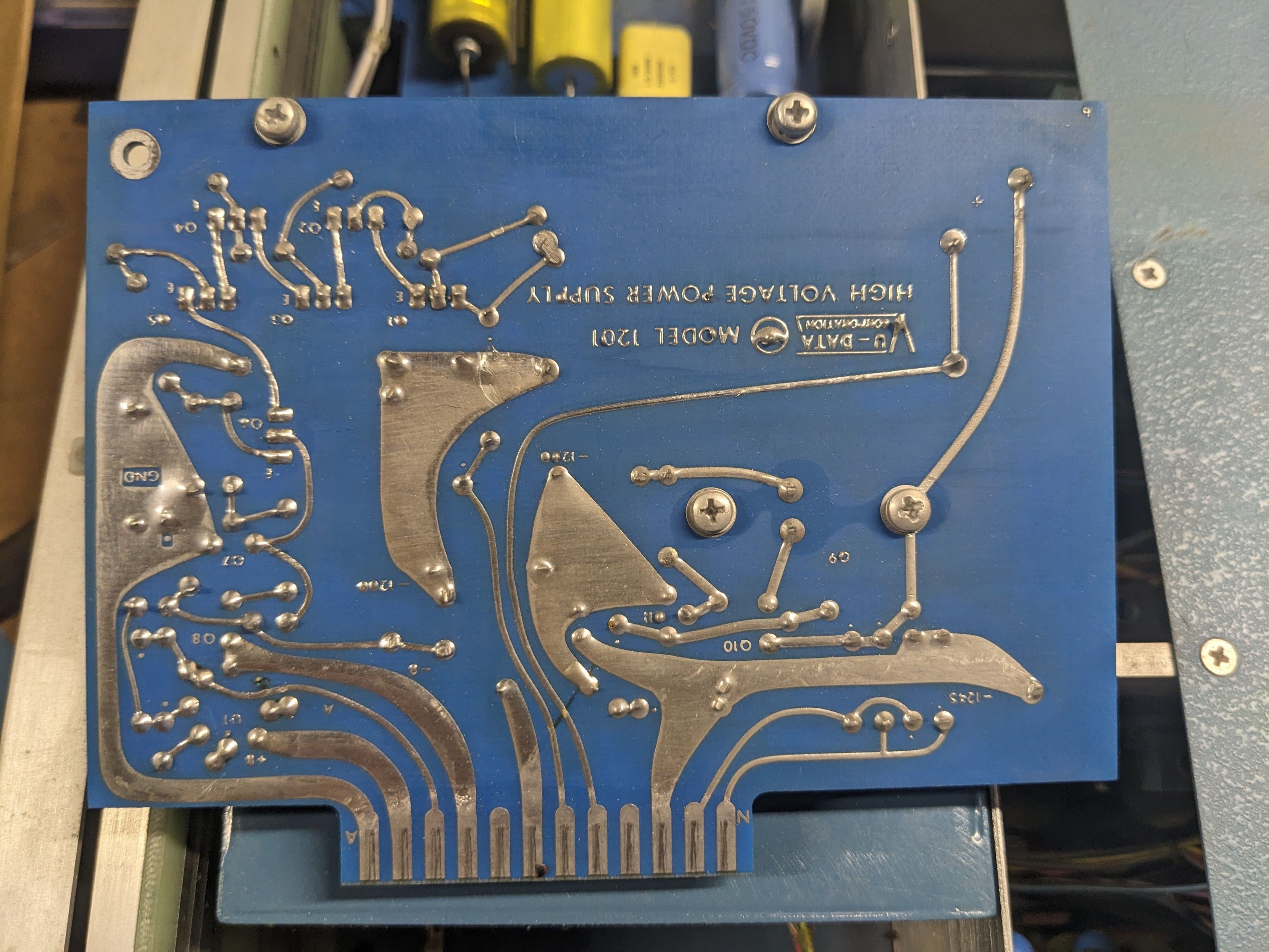 The back of the same ocb showing hand-drawn traces and the words "High voltage power supply VU-Data Model 1501"