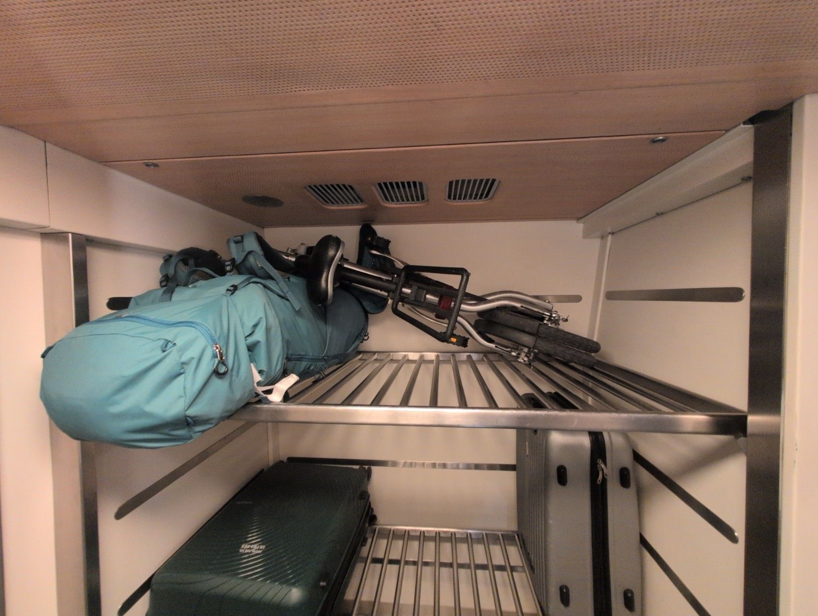 My folding bike and my backpack in the luggage rack.