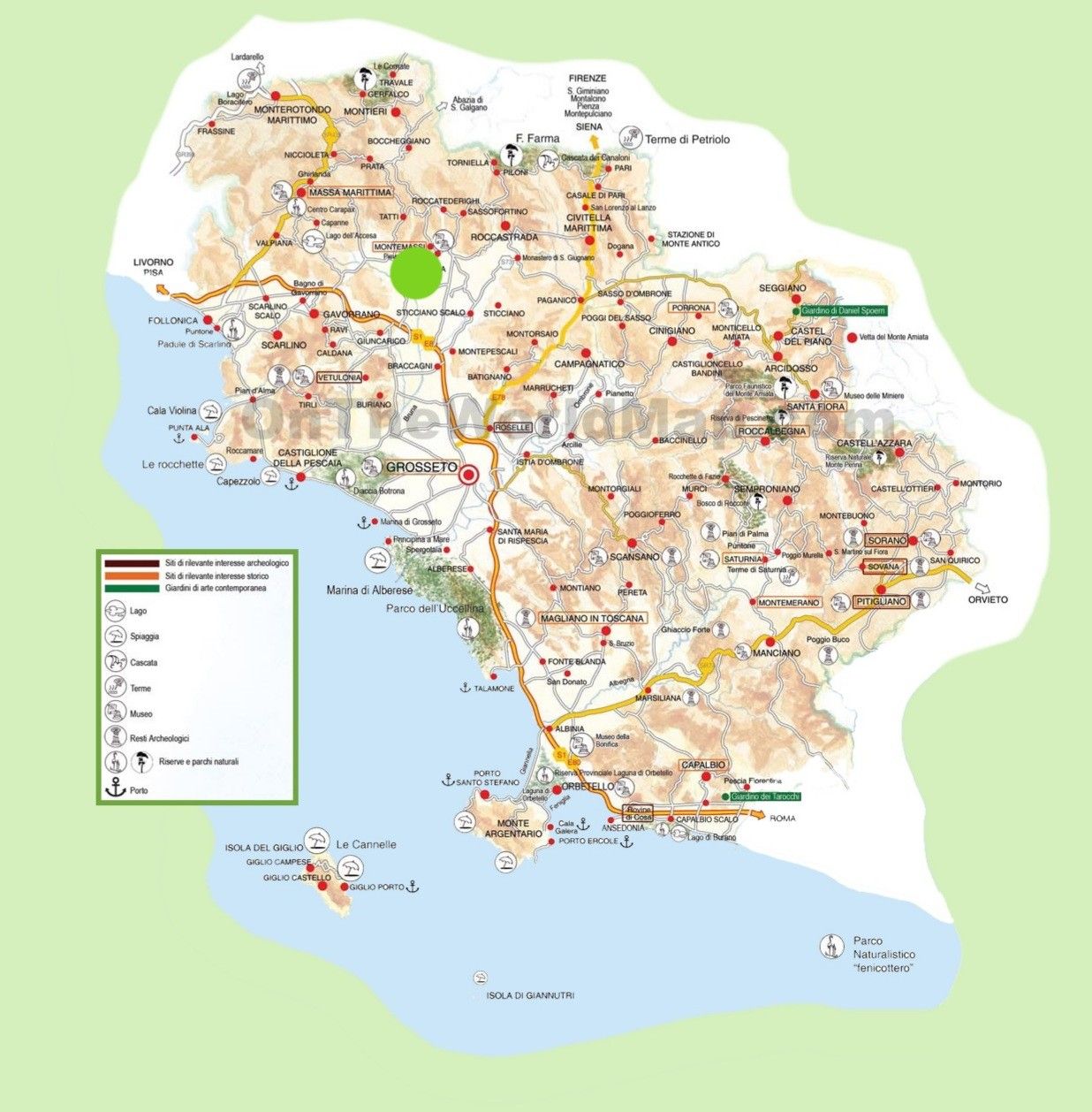 mappa della provincia di Grosseto. Ribolla è segnata con un puntino verde, si trova nella zona nord/nord ovest della provincia