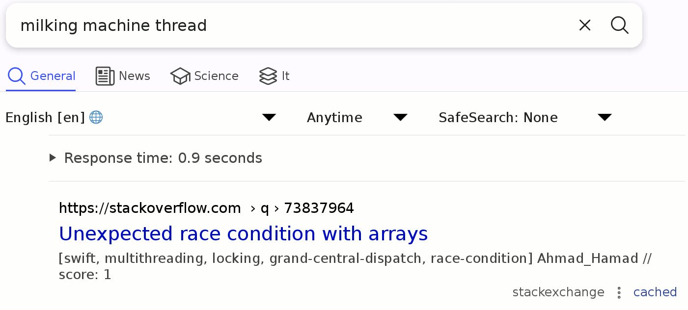 Search for "milking machine thread".
First result, from stackoverflow: "Unexpected race condition with arrays". 