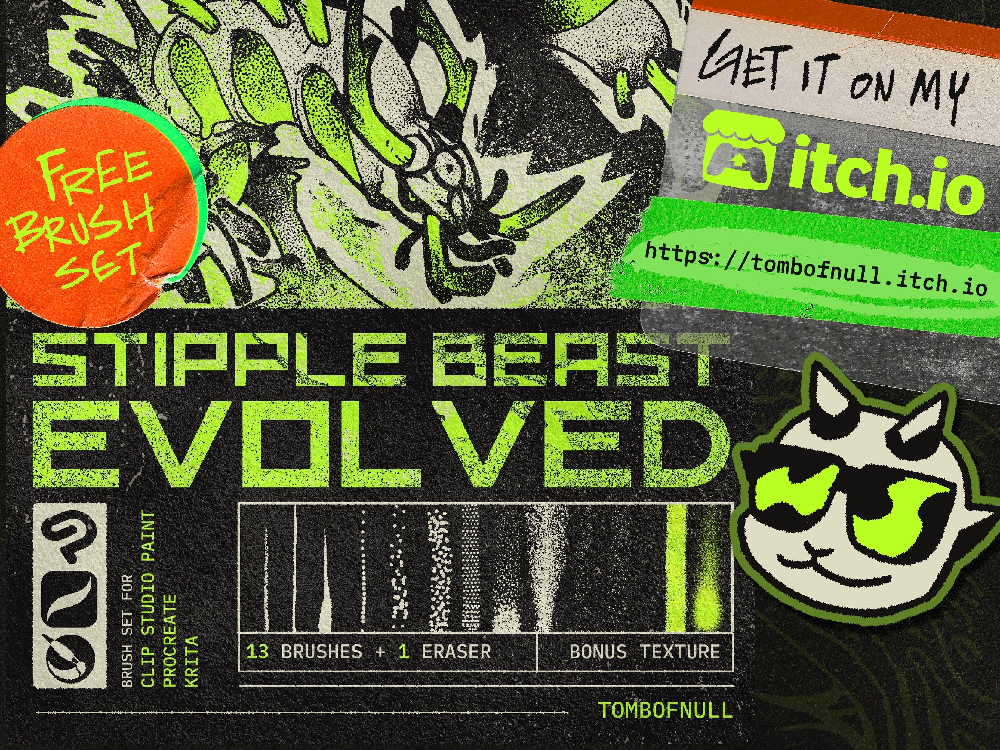 A grungy collage showcasing a digital brush pack, featuring a caterpillar-dragon like creature as a demo of said brushes. 
Text: Free brush set. Stipple Beast Evolved. Get it on my Itch.io [link in the text portion of this post which this image is attached to].