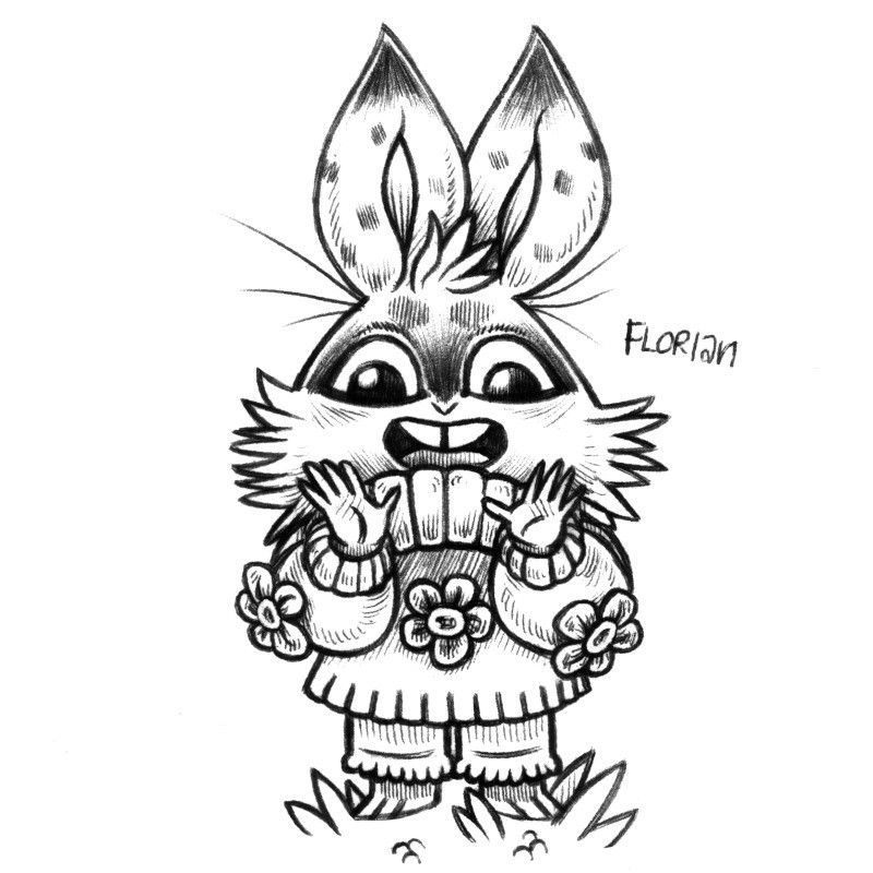 an ink drawing of a humanoid rabbit named Florian, wearing a very comfy shirt decorated with knitted flowers. They look very happy.