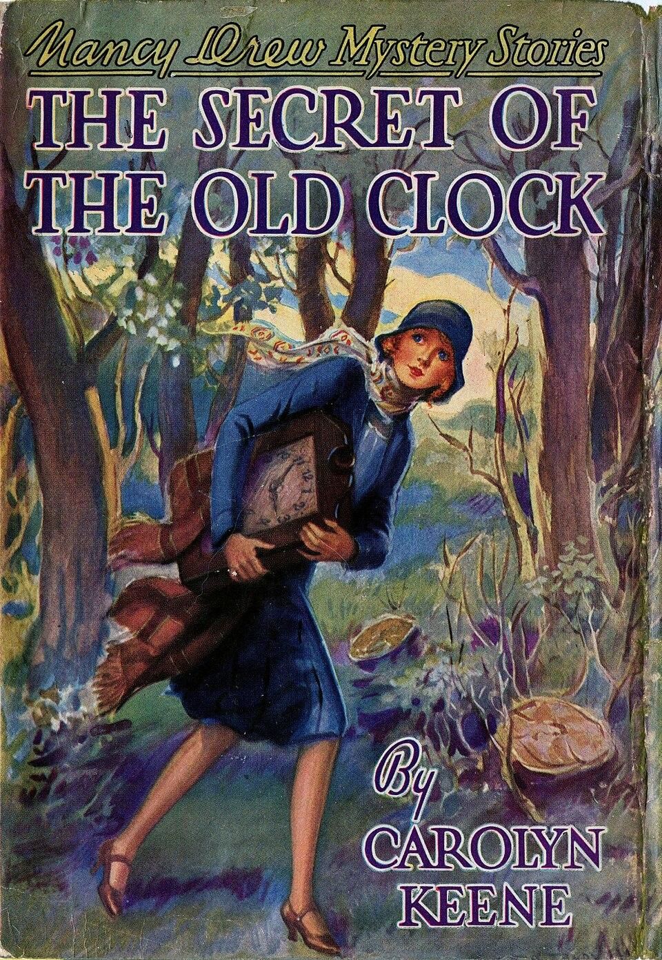 The Secret of the Old Clock (1930) front cover.

Russell H. Tandy (1891 – 1963)

In the foreground, Nancy Drew is depicted as a young woman with short, wavy blond hair, wearing a stylish dress. She walks in the grass at twilight, holding an old-fashioned wooden clock and examining it intently, as if searching for a hidden clue.

Behind her stands a dark forest. The sky is a deep blue. Bold yellow lettering displays the title at the top, with the author credit “Carolyn Keene” beneath.

https://en.wikipedia.org/wiki/The_Secret_of_the_Old_Clock#/media/File:The_Secret_of_the_Old_Clock_(1930)_front_cover,_printing_1933B-14.jpg