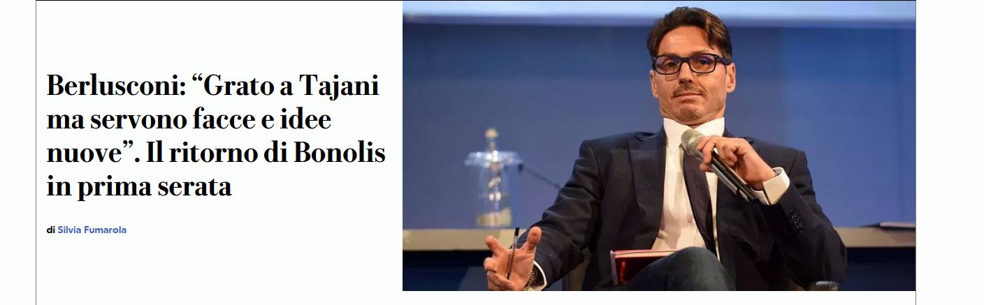 Screenshot del sito di Repubblica. Il titolo è: "Berlusconi: “Grato a Tajani ma servono facce e idee nuove”. Il ritorno di Bonolis in prima serata"