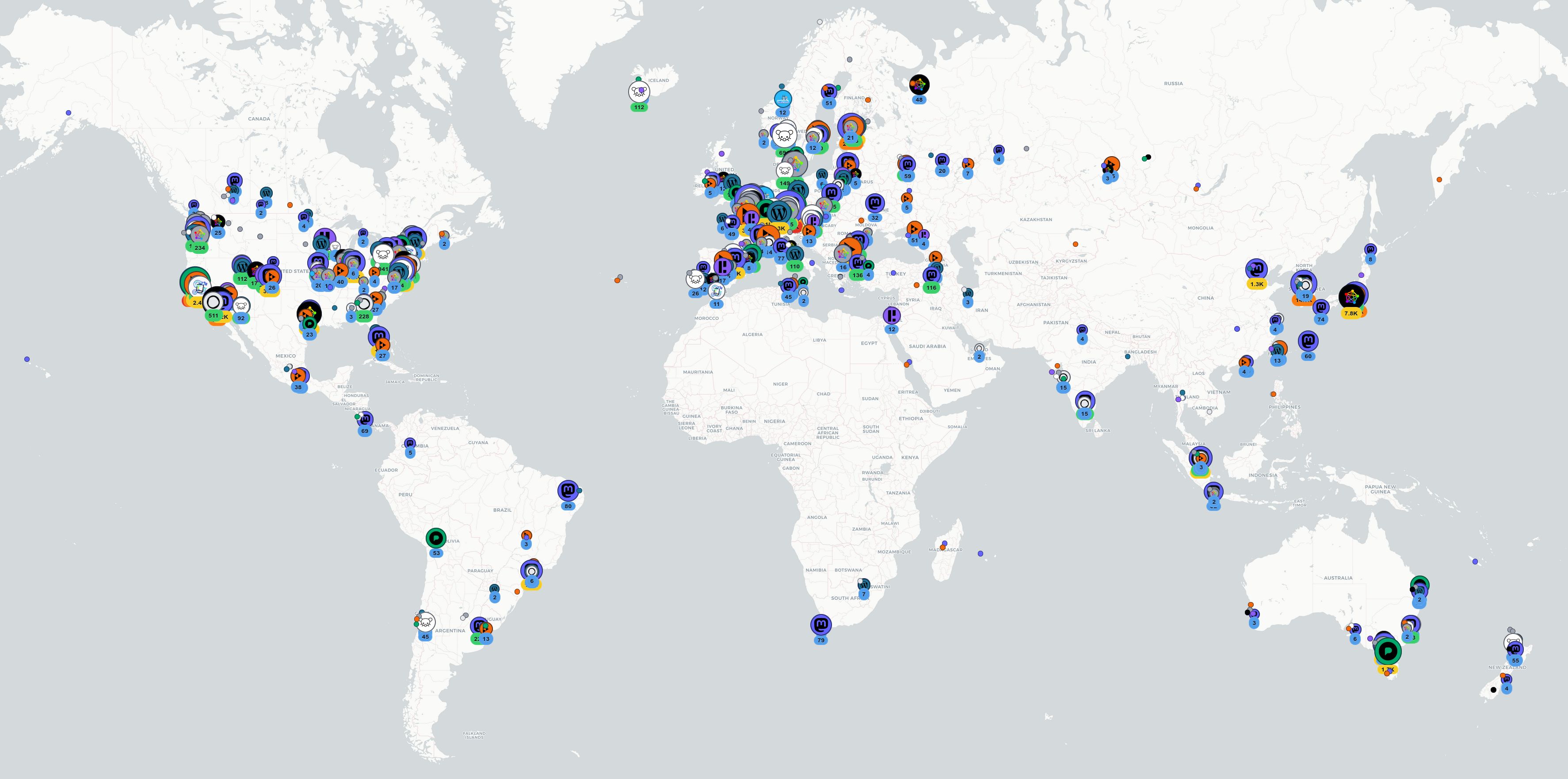 A screenshot of a map showing that many kinds of Fediverse instances are located around the world.