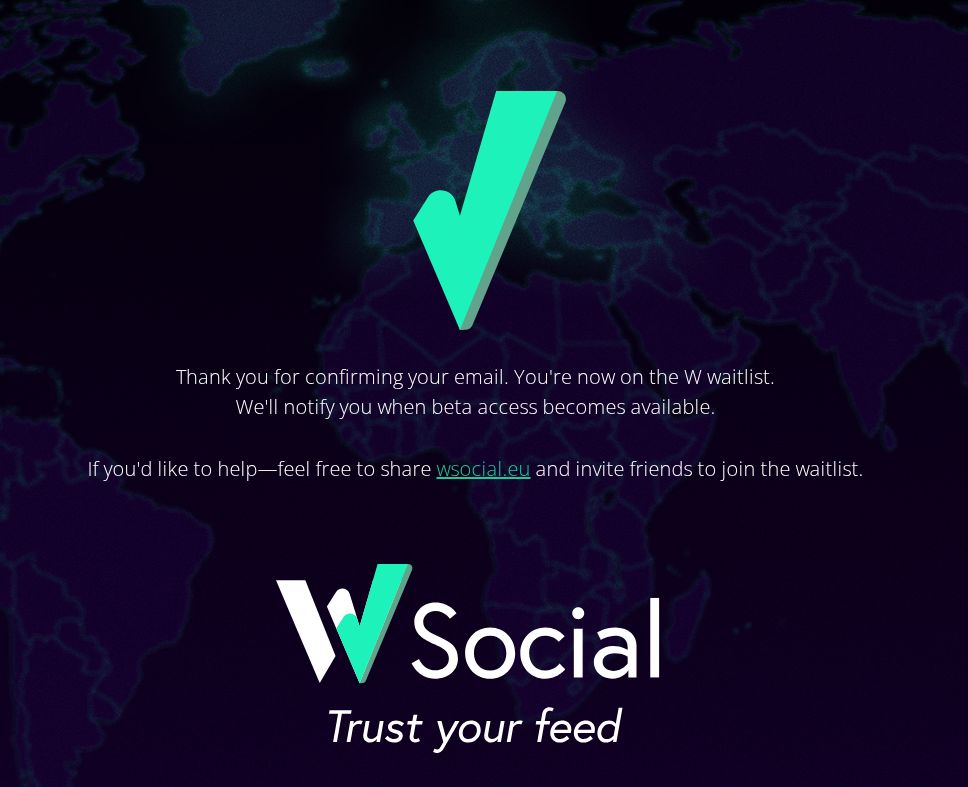 Schermata della verifica dell'email di Wsocial e ingresso ufficiale nella lista d'attesa