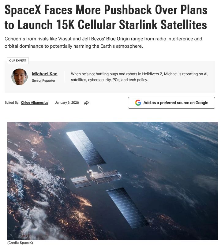 Screencap of the top of the article with the title and a graphic a SpaceX satellite with Earth below it.