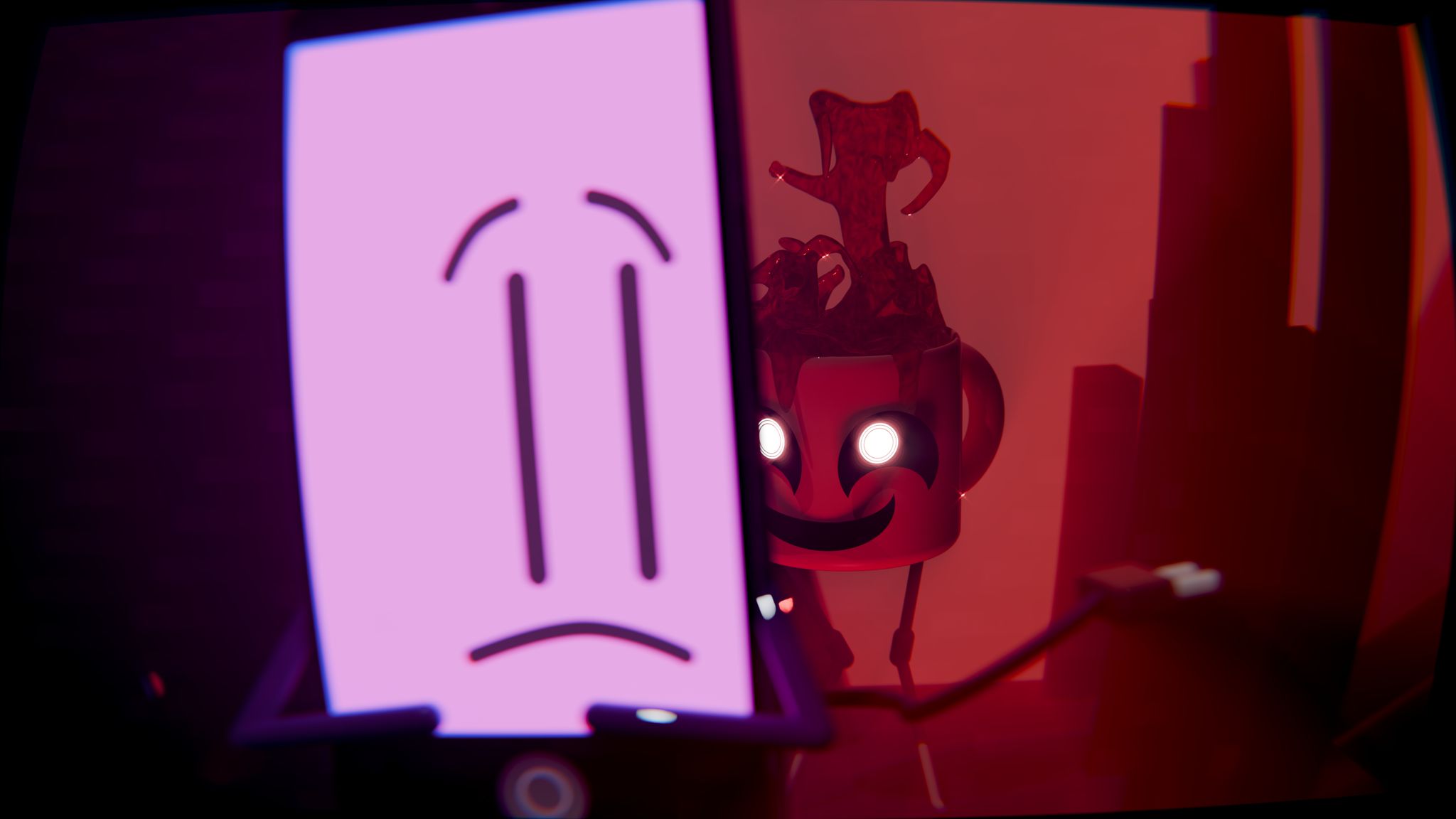 a phone character looking distressed as a demonic red cup reaches a liquid hand to them in a blocky void. the air is foggy and red, with a fisheye lens and chromatic distortion at the edges of the frame. 
