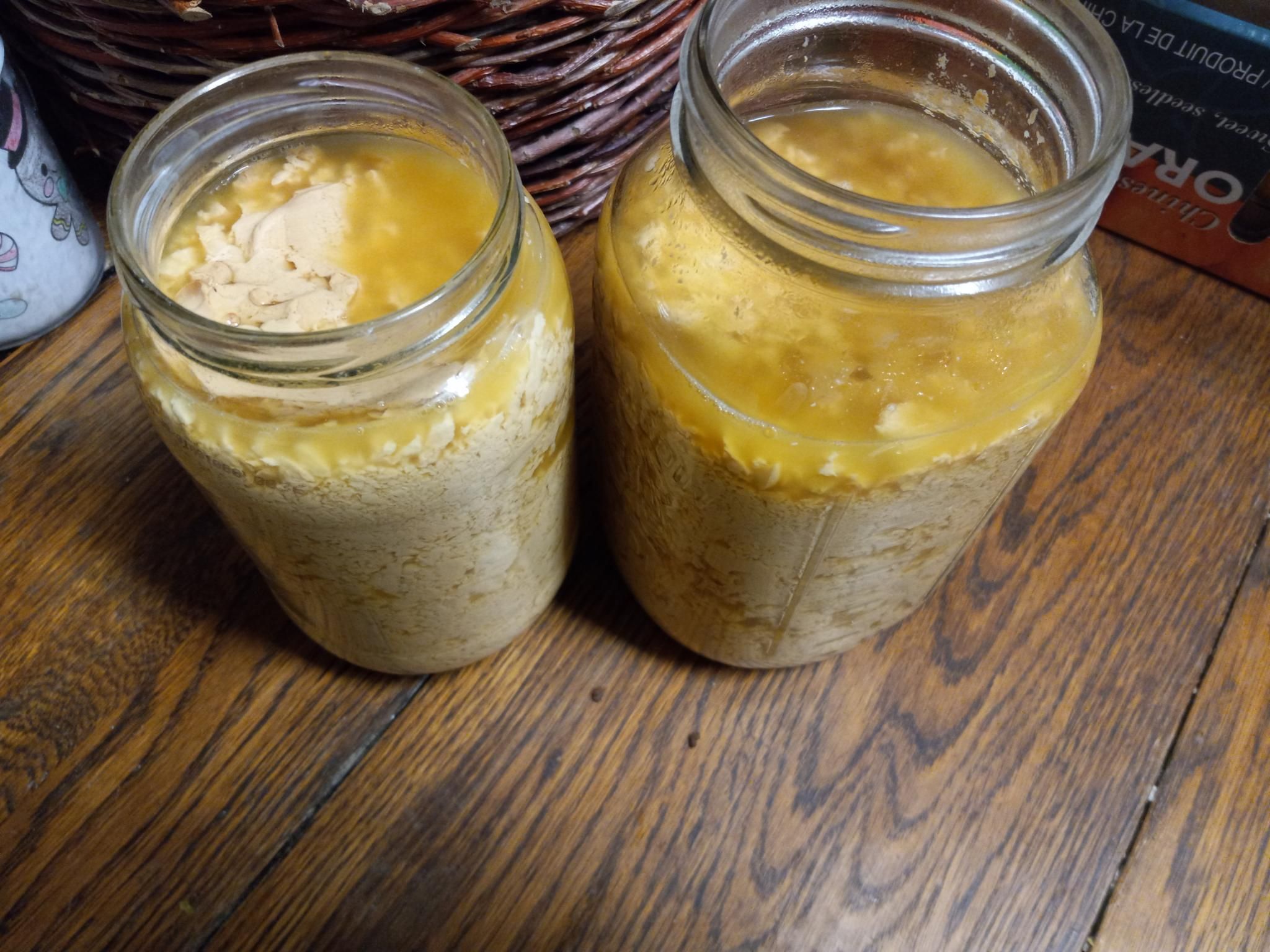 Jello-y baked caramel-coloured milk, almost like curds, floating in caramel-coloured clear whey, in 2 large jars sitting on a table.