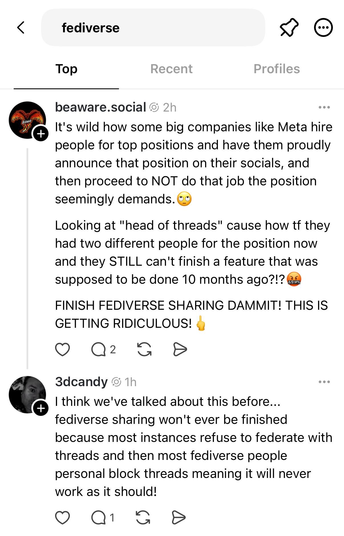 “I think we've talked about this before... fediverse sharing won't ever be finished because most instances refuse to federate with threads and then most fediverse people personal block threads meaning it will never work as it should!”