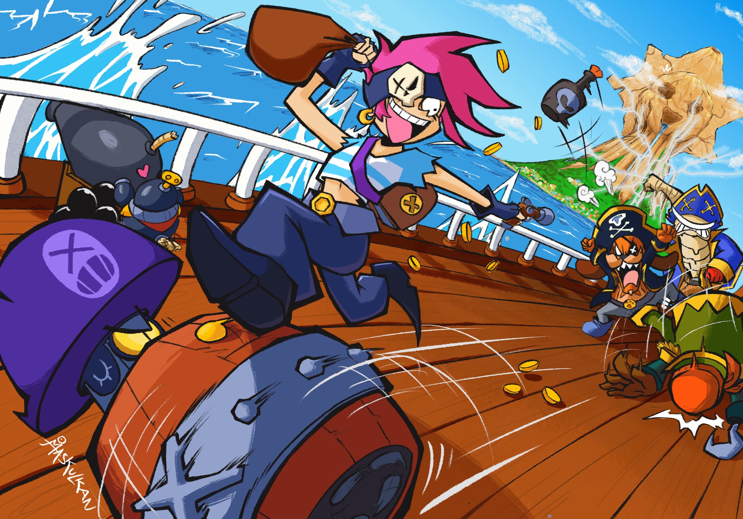 Brawl Stars fanart showcasing Penny, running on top of Darryl while pointing her gun at Ruffs, Doug and Barley. Doug shatters the air behind him with his fist like One Piece’s Whitebeard and Barley hurls a bottle of rum at Penny and Darryl while falling flat on his face. Tick is on the side doing… something, with a cannon.