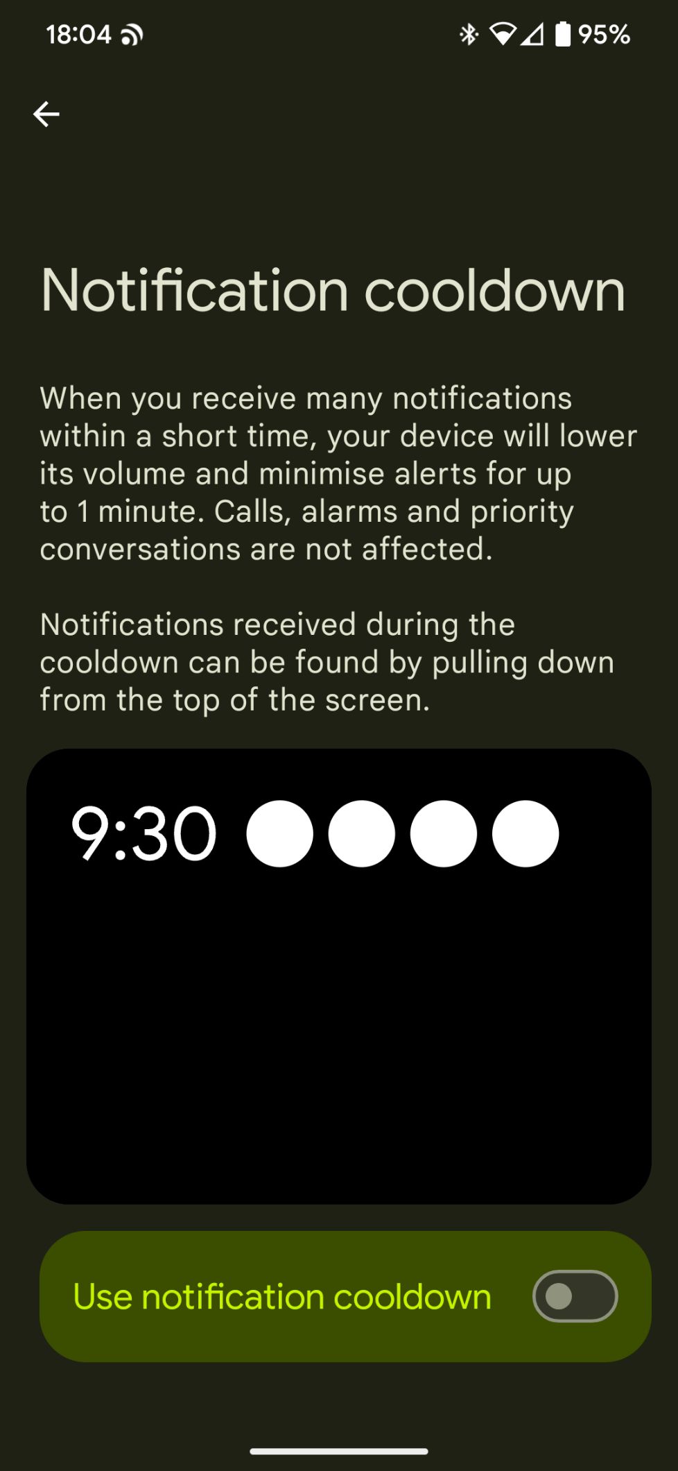 Screenshot of Android 16 settings screen, text reads 

Notification cooldown

When you receive many notifications within a short time, your device will lower its volume and minimise alerts for up to 1 minute. Calls, alarms and priority conversations are not affected.

Notifications received during the cooldown can be found by pulling down from the top of the screen.
