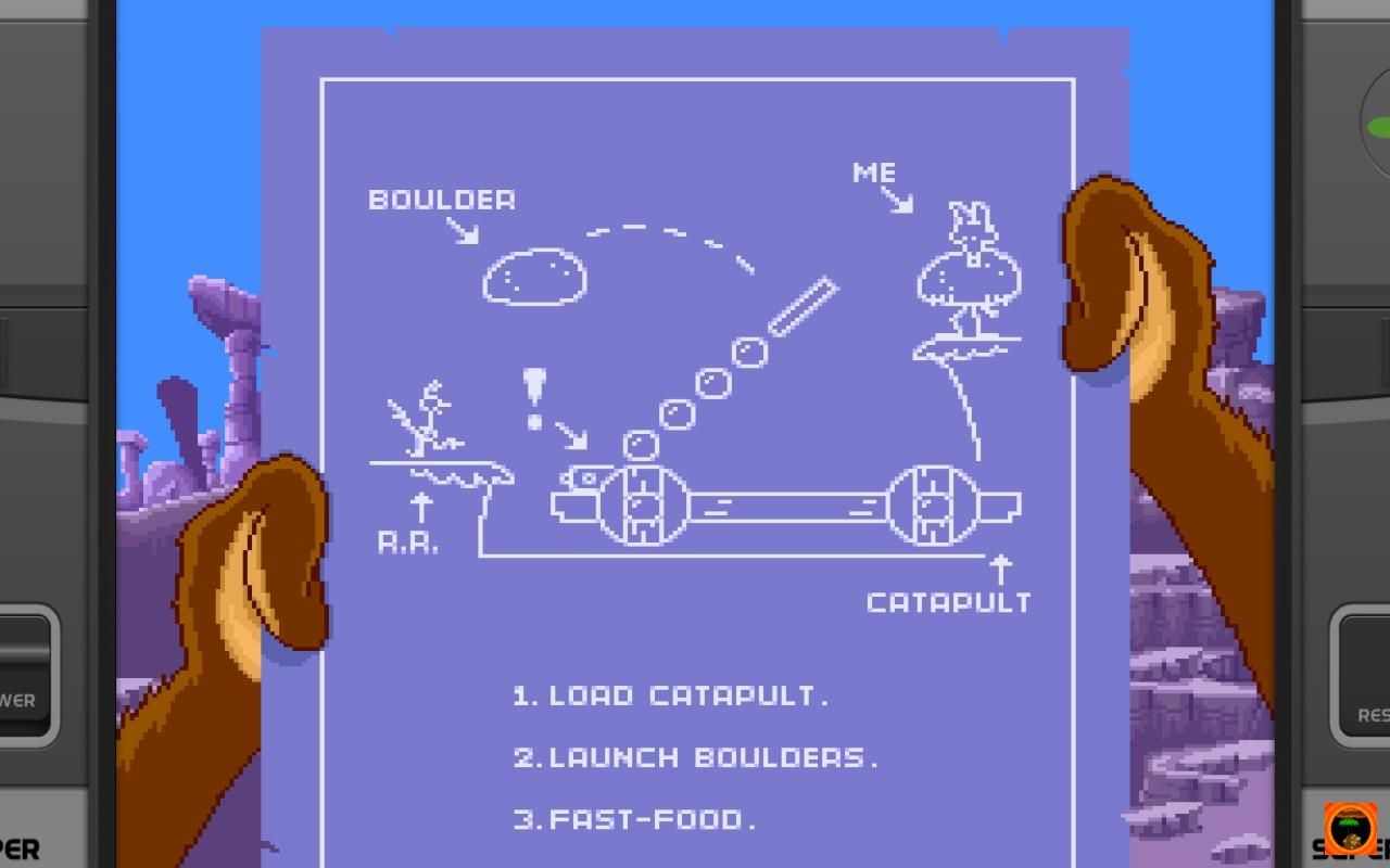 A screenshot from Roadrunner in Death Valley Rally for the SNES.
It shows the arms of Wile E Coyote holding up a blueprint. The blueprint details his plan to use a catapult to defeat the road runner.

On the blueprint is a small part of the catapult that is highlighted with a !, indicating the weak point for this boss battle.