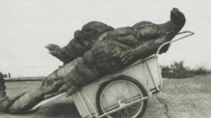 Godzilla on a trash cart getting hauled away.