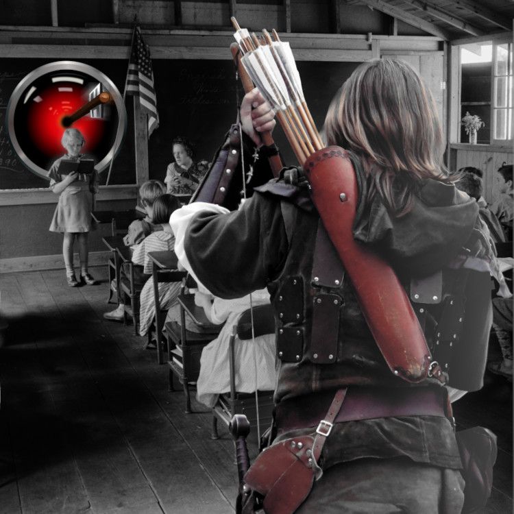 A black and white photo of an old one-room schoolhouse, seen from the back of the classroom. A teacher sits behind a desk and a US flag at the front of the class. Beside her, a small girl stands, reading aloud from a book. The image has been altered. In the foreground is a Robin Hood figure, seen from behind, holding a bow, a quiver of arrows on his back. Behind the little girl is the glaring red eye of HAL 9000 from Stanley Kubrick's '2001: A Space Odyssey.' An arrow vibrates dead-center in the eye.

Image:
Cryteria (modified)
https://commons.wikimedia.org/wiki/File:HAL9000.svg

CC BY 3.0
https://creativecommons.org/licenses/by/3.0/deed.en

--

Lee Haywood (modified)
https://www.flickr.com/photos/leehaywood/4659575229/

CC BY-SA 2.0
https://creativecommons.org/licenses/by-sa/2.0/

