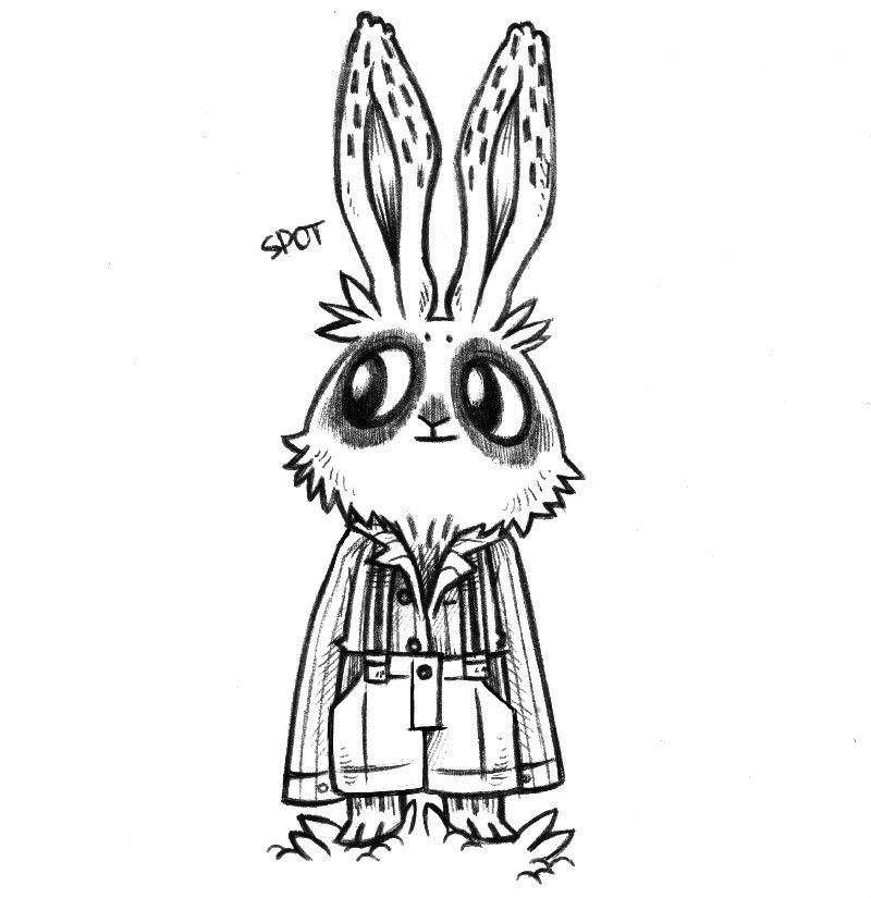 A drawing of a humanoid rabbit named Spot. They have black-contoured eyes, and a spot on the nose. They have little vertical lines on the top end of their ears and along their neck line and ankles. They are wearing a blouse with really long sleeves, and pants held up by suspenders.
Spot is smiling weakly, looking to the side.
