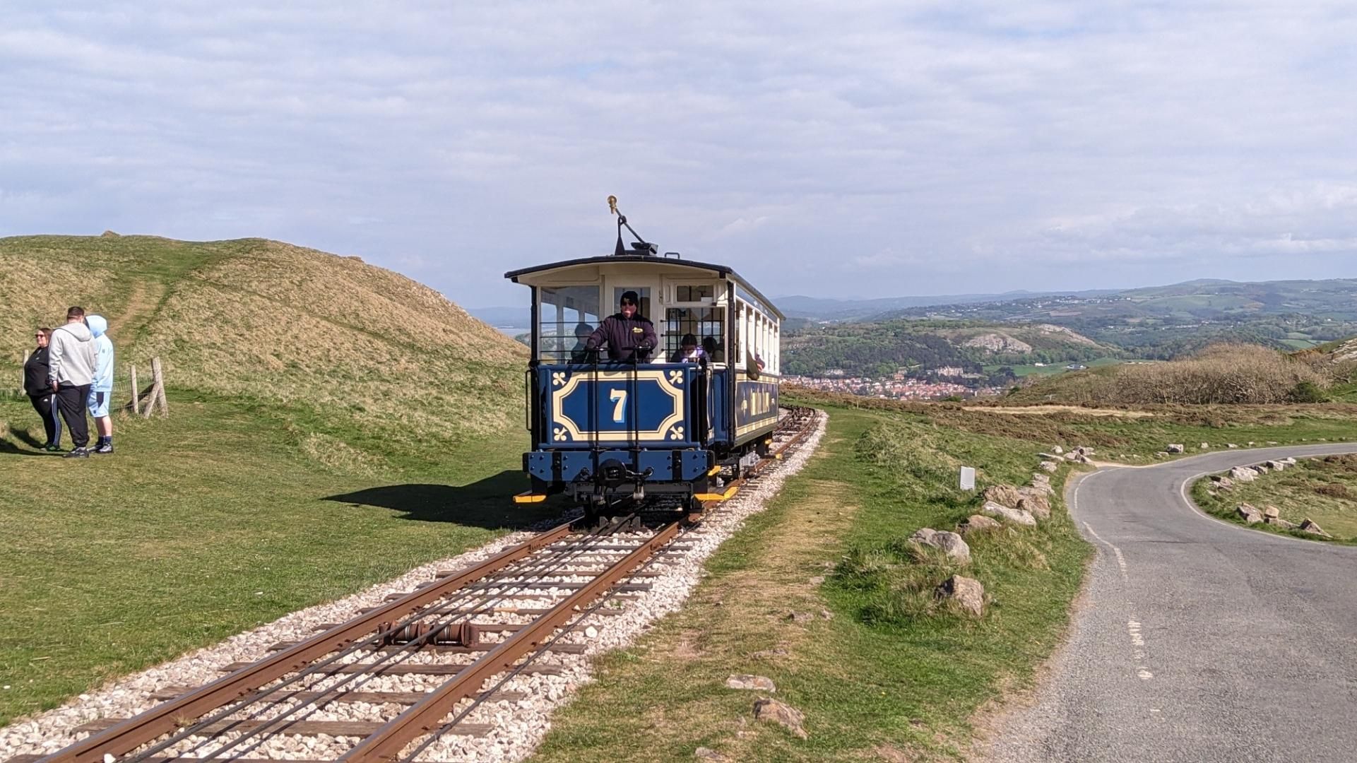 Old tramcar arriving on the top