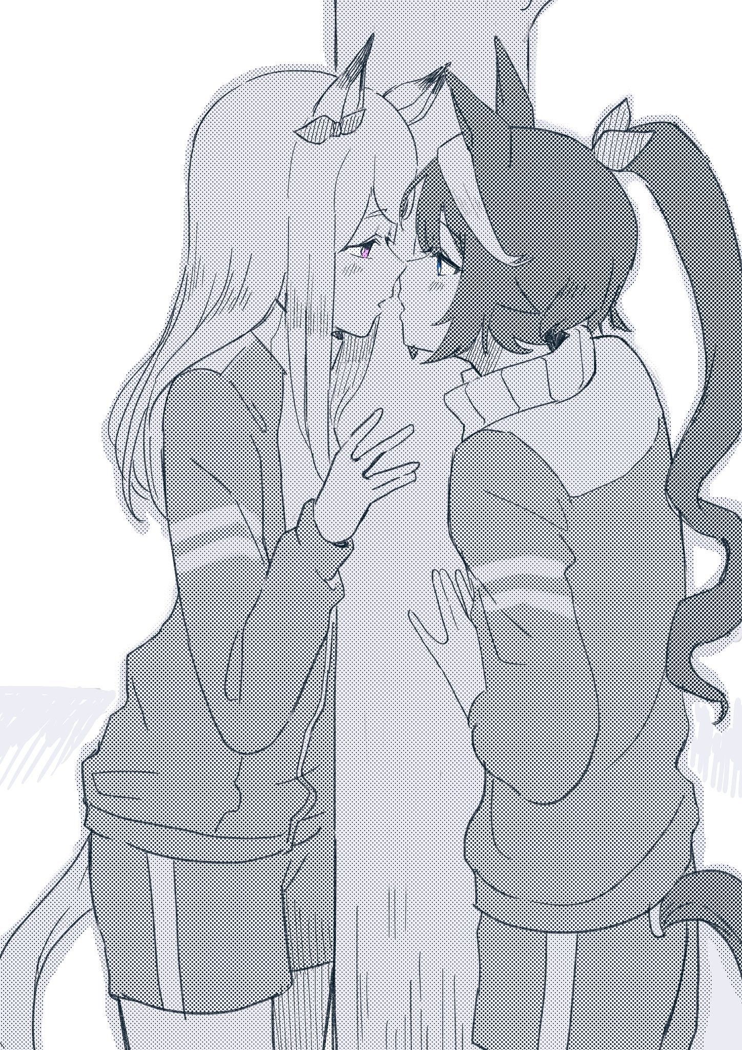 Danbooru tags: 2girls animal_ears blue_eyes blush bow commentary_request ear_bow greyscale highres horse_ears horse_girl horse_tail imminent_kiss jacket long_hair long_sleeves mejiro_mcqueen_(umamusume) monochrome multiple_girls noses_touching pink_eyes ponytail shorts spot_color sunacha tail tokai_teio_(umamusume) tracen_training_uniform tree umamusume yuri