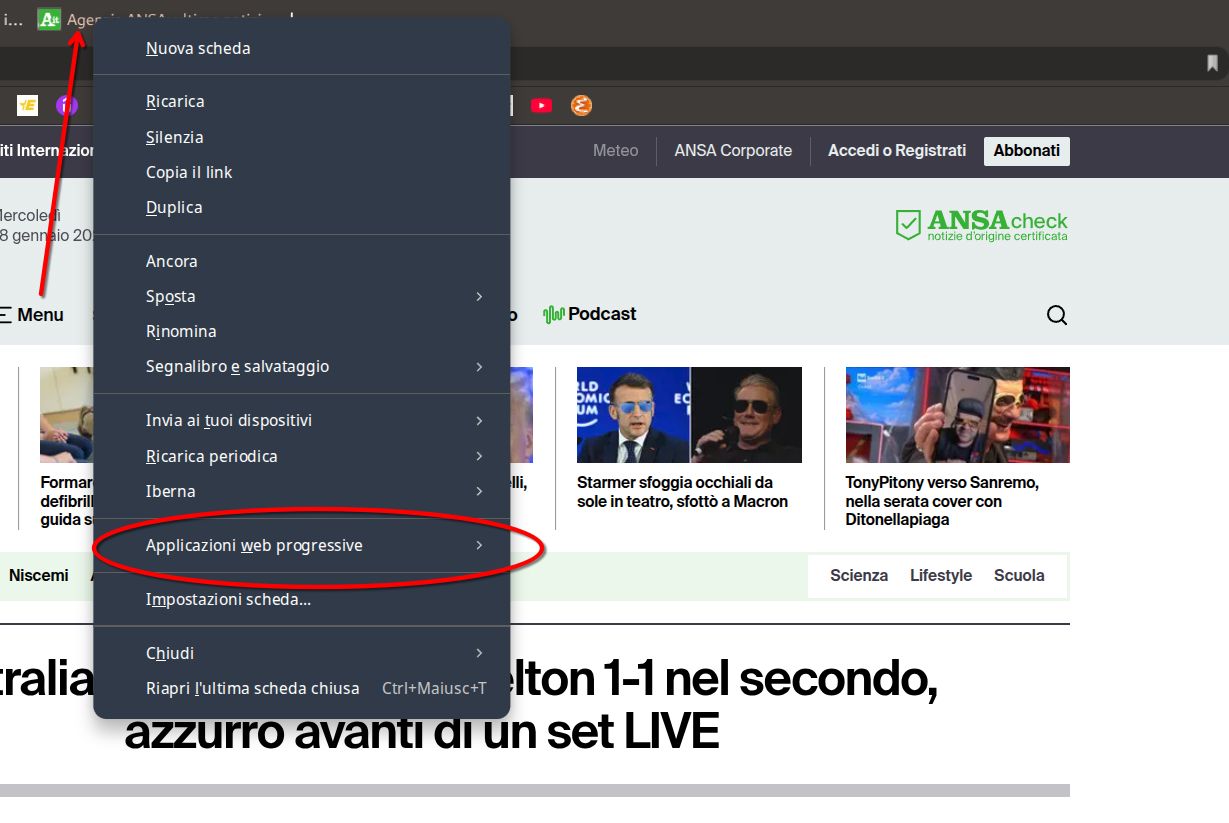 Screenshot annotato che indica dove cliccare per ceare una webapp con Vivaldi Browser