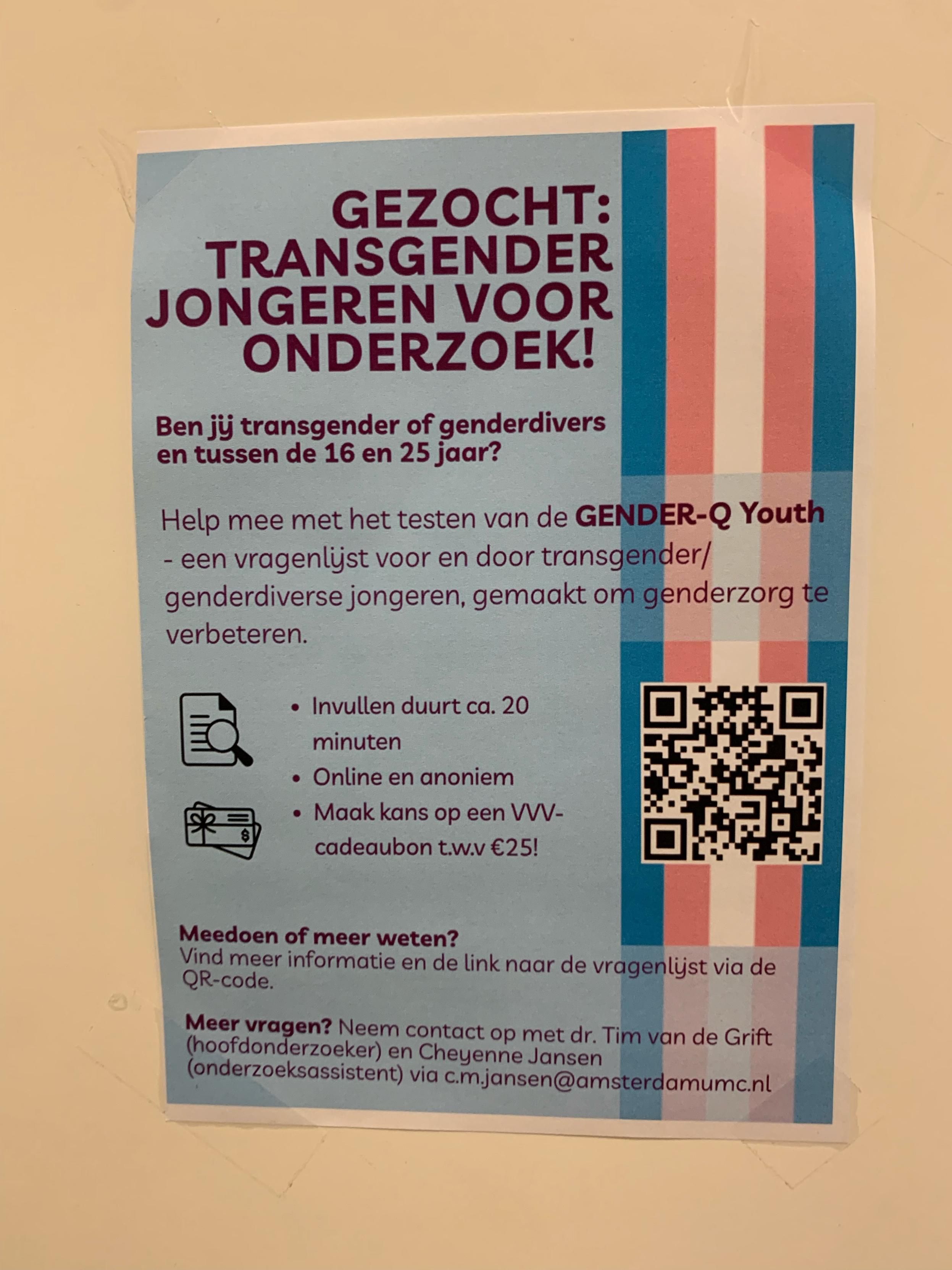 Vragenlijst voor en door transgender/genderdiverse jongeren, gemaakt om genderzorg te verbeteren. Een QR-code geeft toegang tot de enquete. Een e-mailadres van de onderzoeksassistent is beschikbaar.