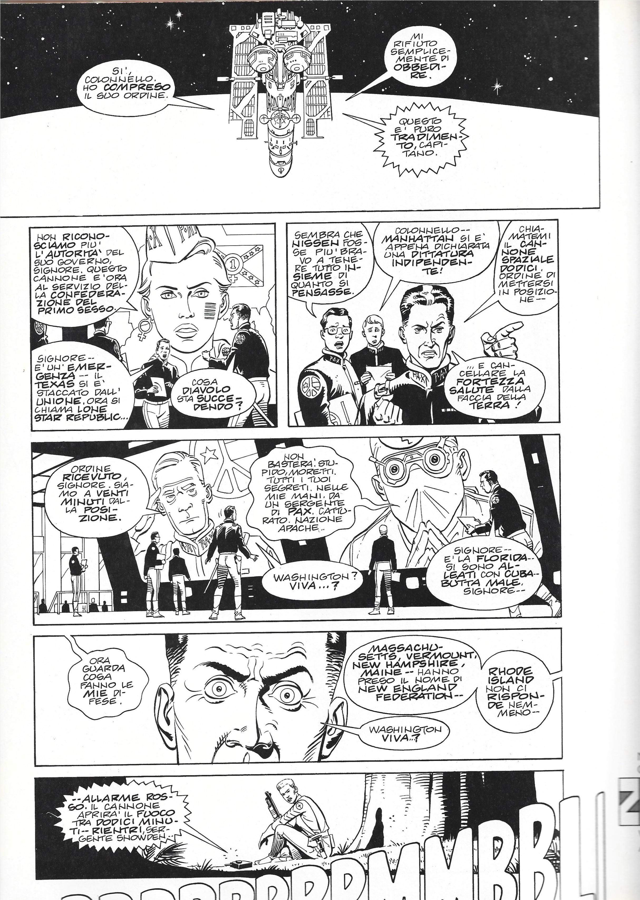 una pagina del fumetto Give Me Liberty di Miller e Gibson, nell'edizione Nova Express degli anni novanta. Il presidente degli Stati Uniti Moretti, vede gli stati diventare indipendenti dopo il suo tentativo di golpe