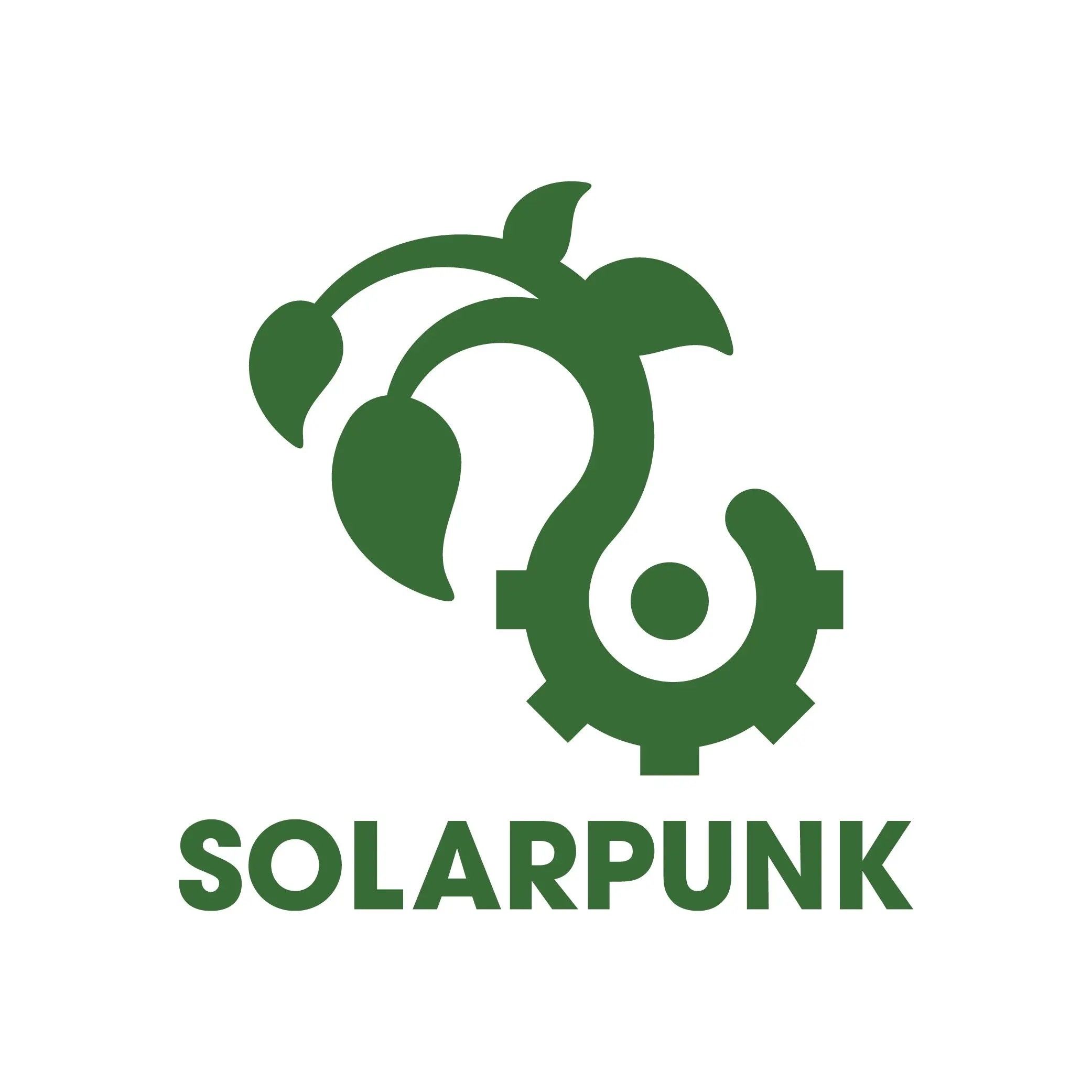 Logo featuring the word "SOLARPUNK" with a stylized design of leaves and gears above it.