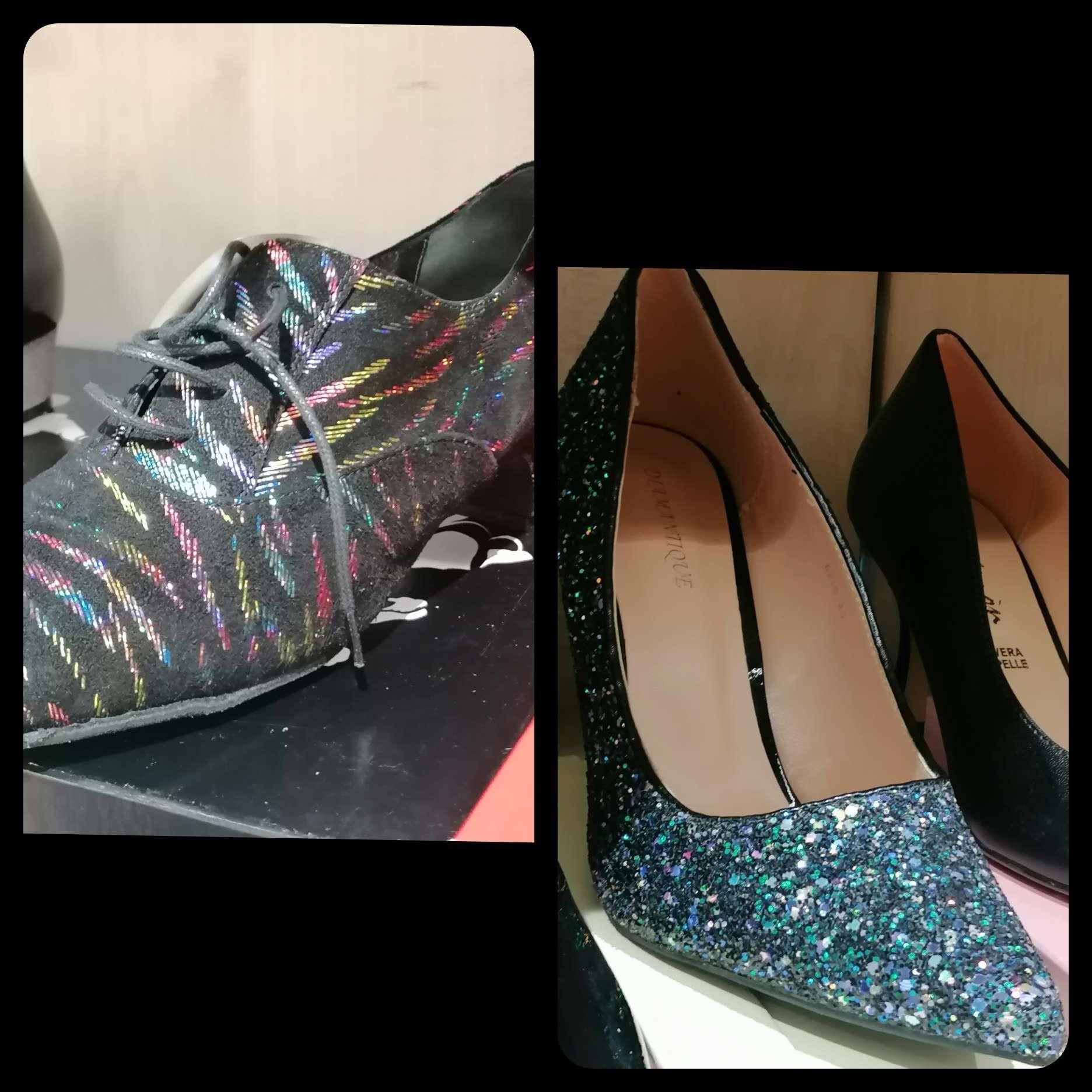 Due paia di scarpe che sono il tripudio di colori, glitter e luccichii.