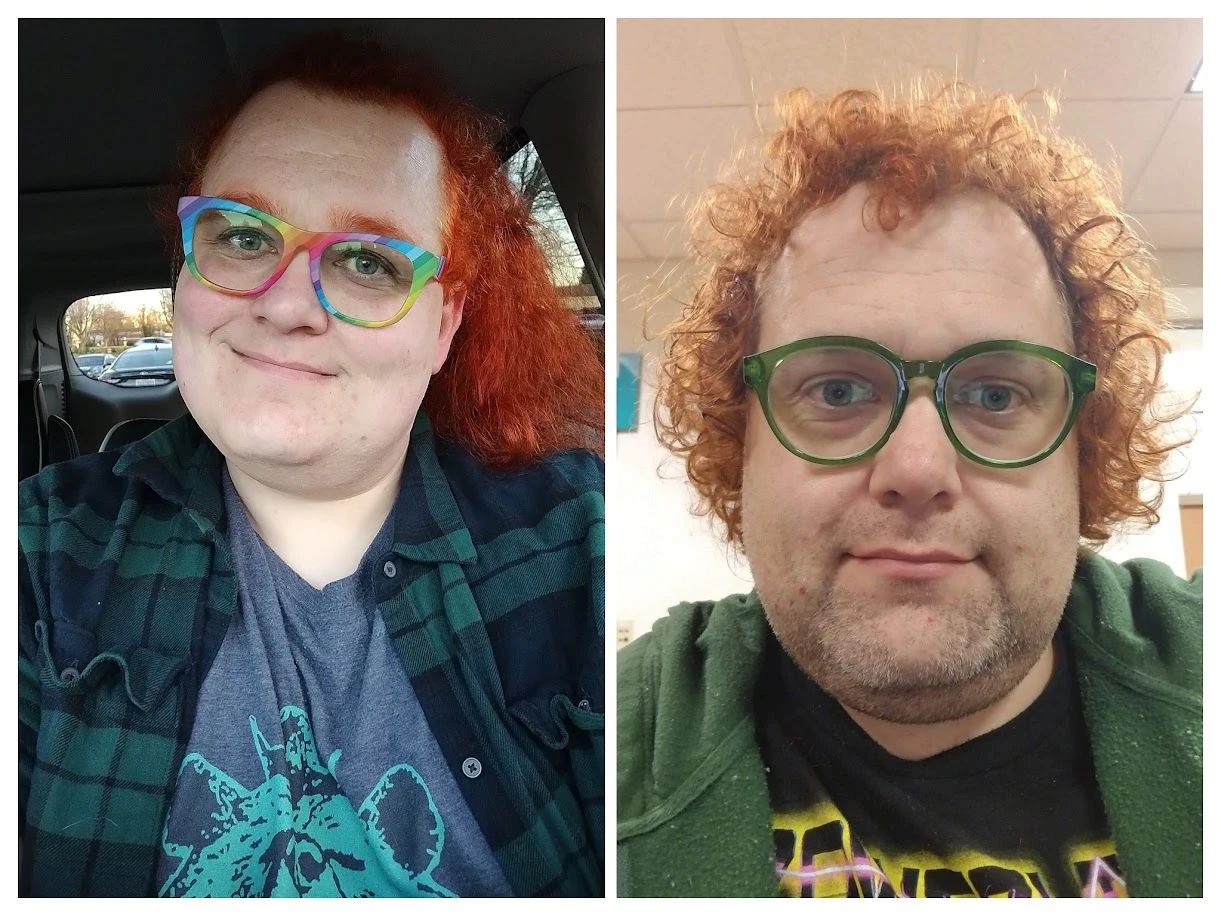 Side-by-side photo comparison. On the right is a male-looking person with short clurly auburn hair, big green glasses, a green zipper hoodie with a black Powerline World Tour t-shirt under it, and a scruffy beard. On the left the same person, this time actually smiling, long curly copper hair, rainbow glasses, wearing a green/black plaid flannel shirt with Merida's cozy t-shirt from Ralph Breaks the Internet under it.