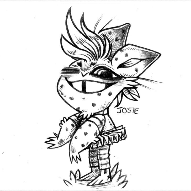 an ink drawing of a humanoid kid rabbit named Josie, wearing a sort of ballerina skirt. Josie is covered in spots, and is grinning at you mischieviously.