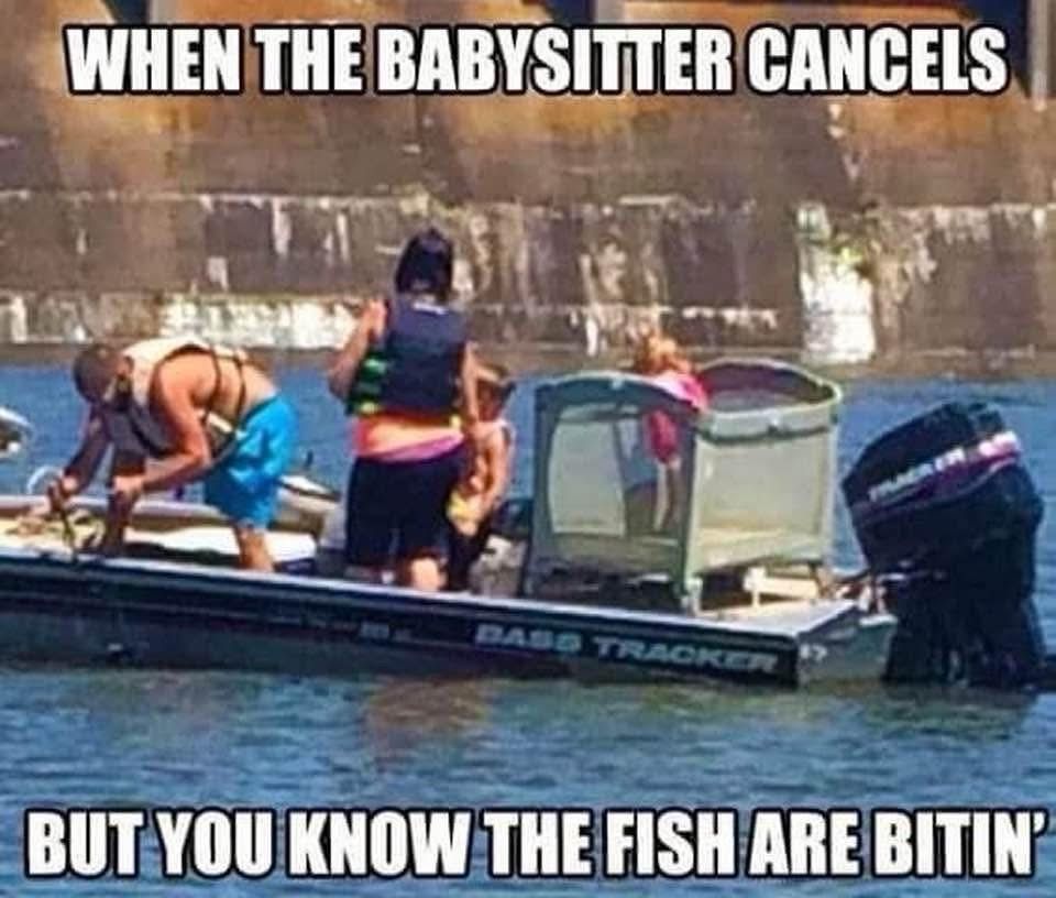 (Baby in a playpen onboard a bass boat)  WHEN THE BABYSITTER CANCELS BUT YOU KNOW THE FISH ARE BITIN