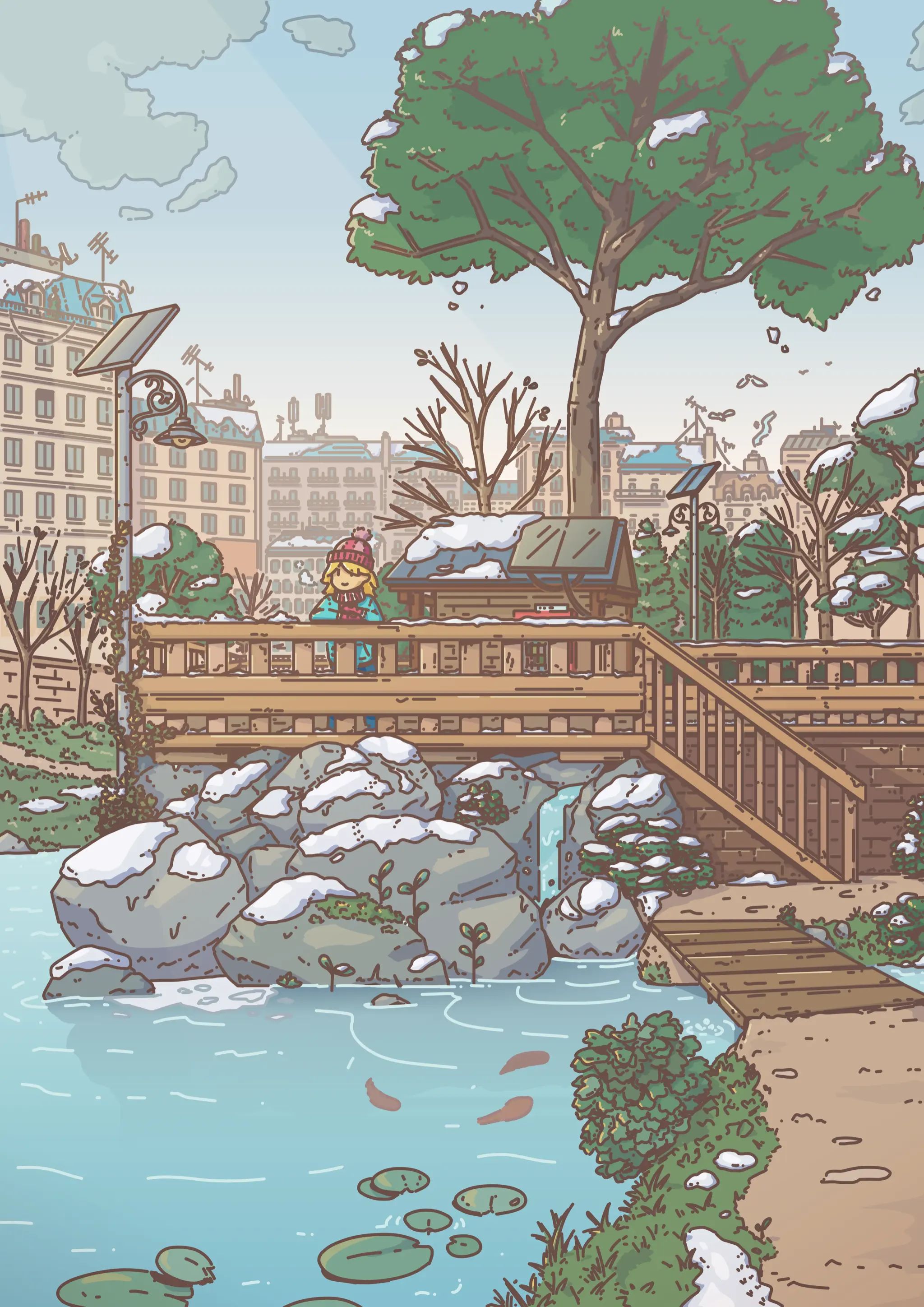 Illustration of a winter city park with a snowy pond, wooden bridge, and a young blond woman in winter clothes looking peaceful. A gigantic tree with leafs is towering over her. European style buildings are visible in the background.