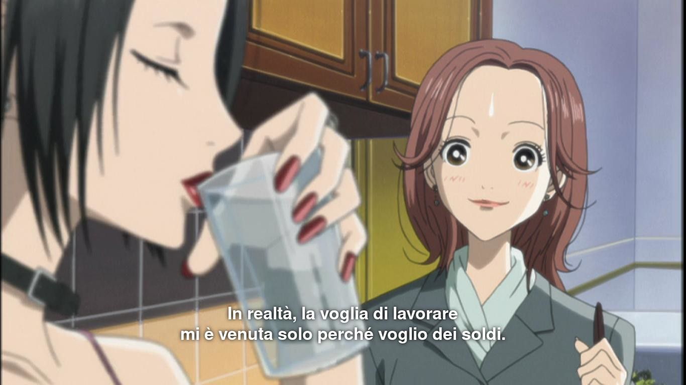 Screenshot da anime Nana. Nana, pronta per un colloquio di lavoro, pensa "In realtà, la voglia di lavorare mi è venuta solo perché voglio dei soldi"