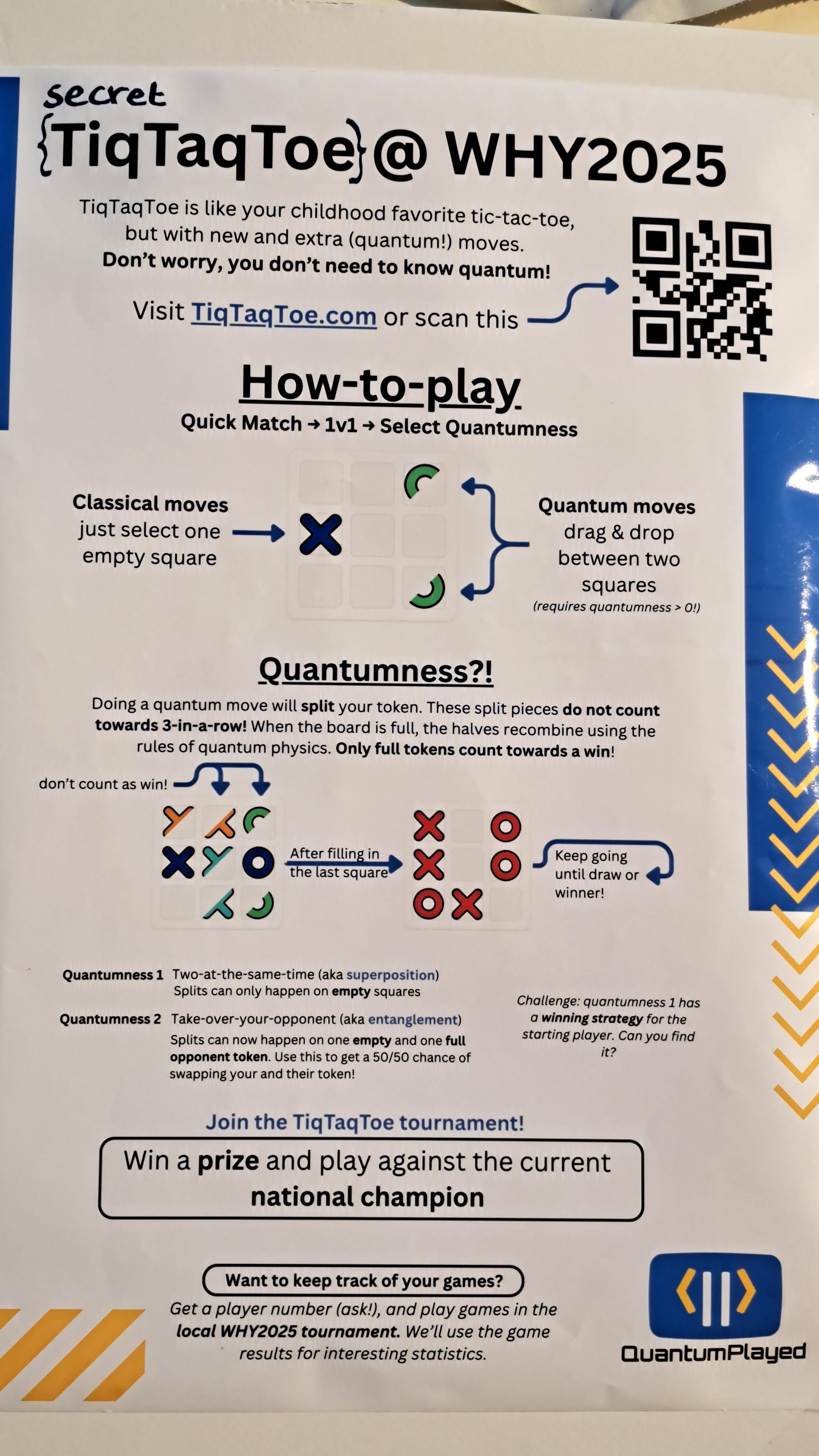 Poster in inglese con le regole del gioco tiq-taq-toe, il "tris quantistico". Sito del gioco: https://tiqtaqtoe.com/