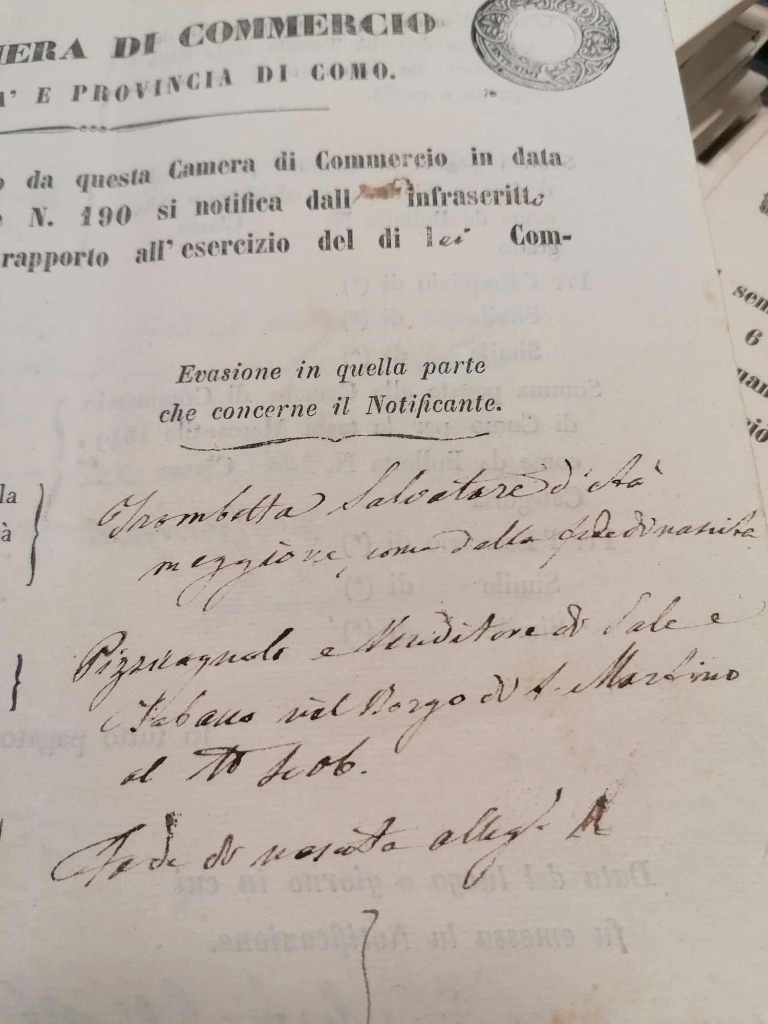 Parte di documento della Camera di Commercio di Como del 1849 per la licenza di pizzicagnolo e venditore di sale e tabacco