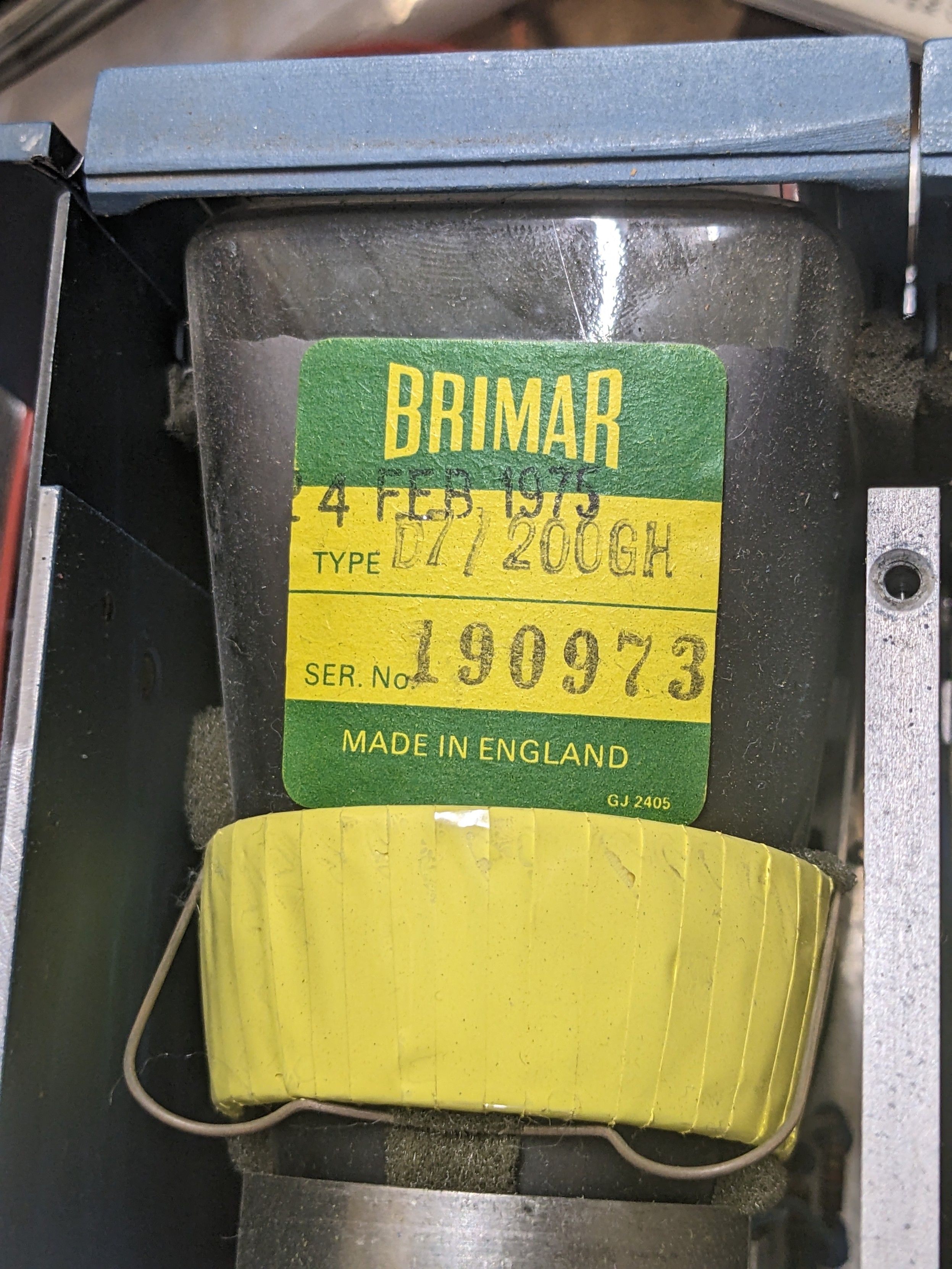 Label on a crt reading Brimar
4 Feb 1975
Type D7/200GH
Ser No 190973
Made in England
GJ2405