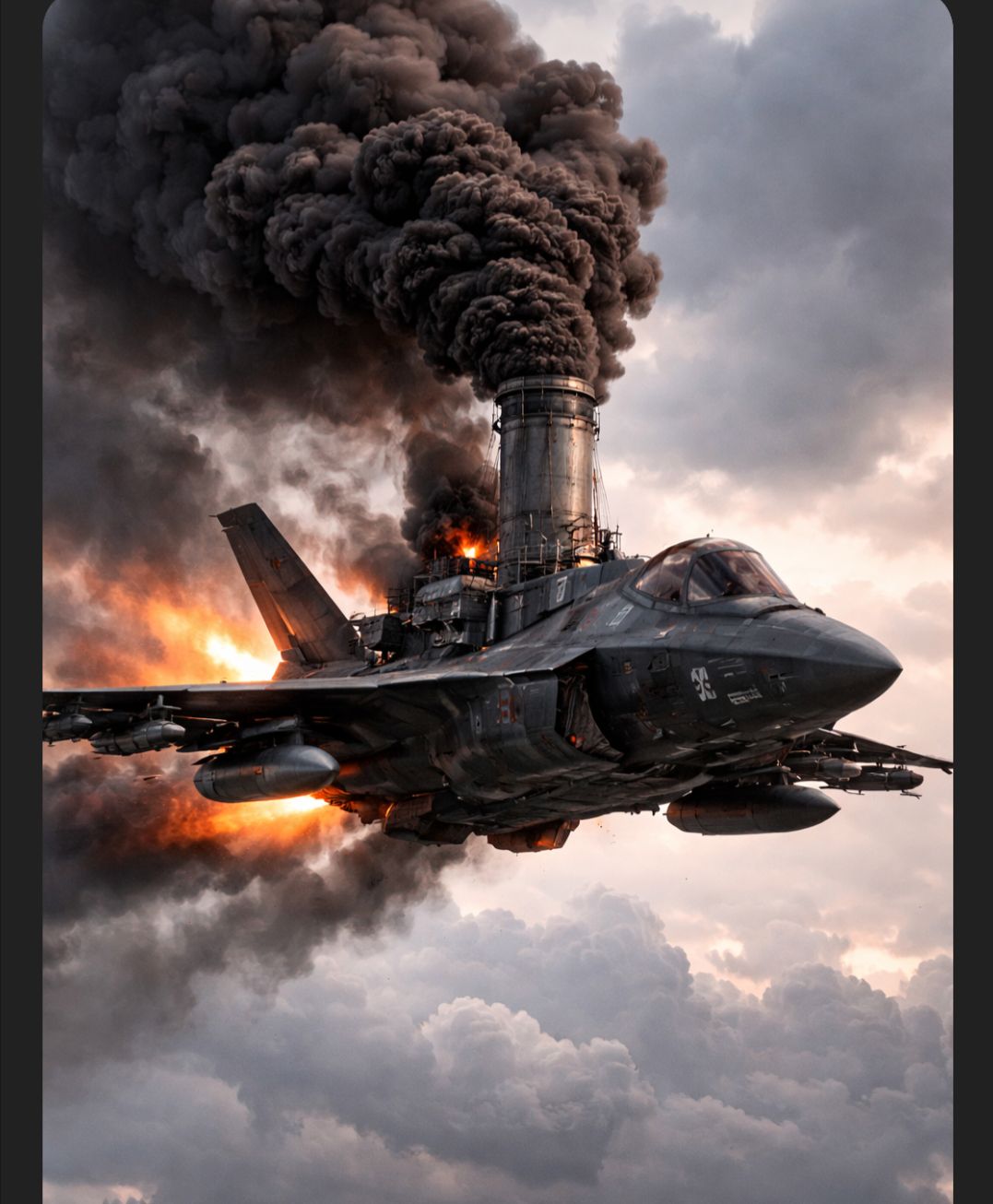 Coal burning F35, spewing black smoke from huge smokestack 
(AI image, of course)