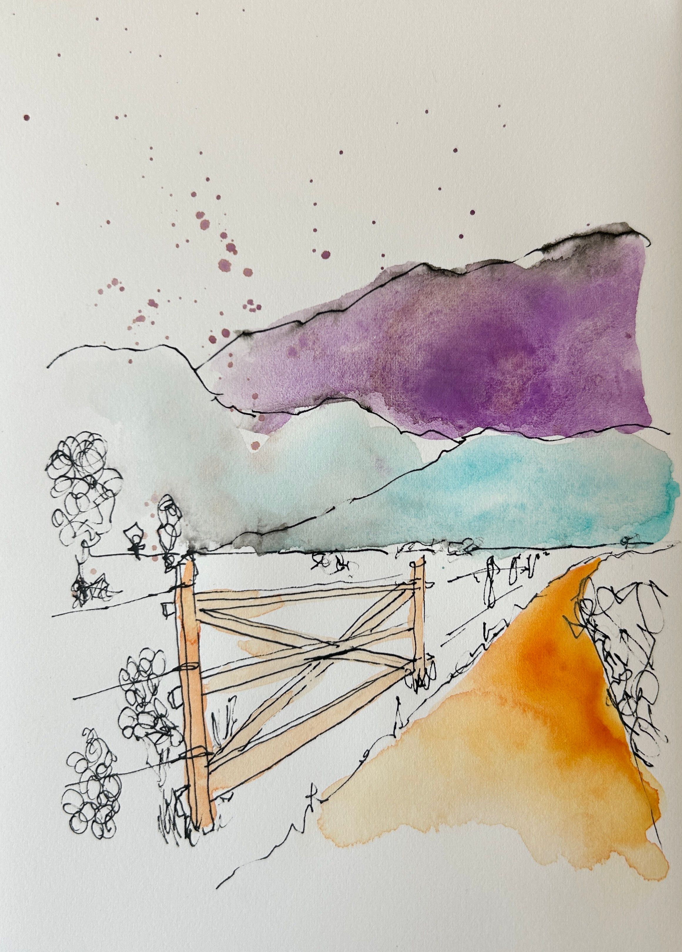 Sketch of a country Lane with a fence on one side