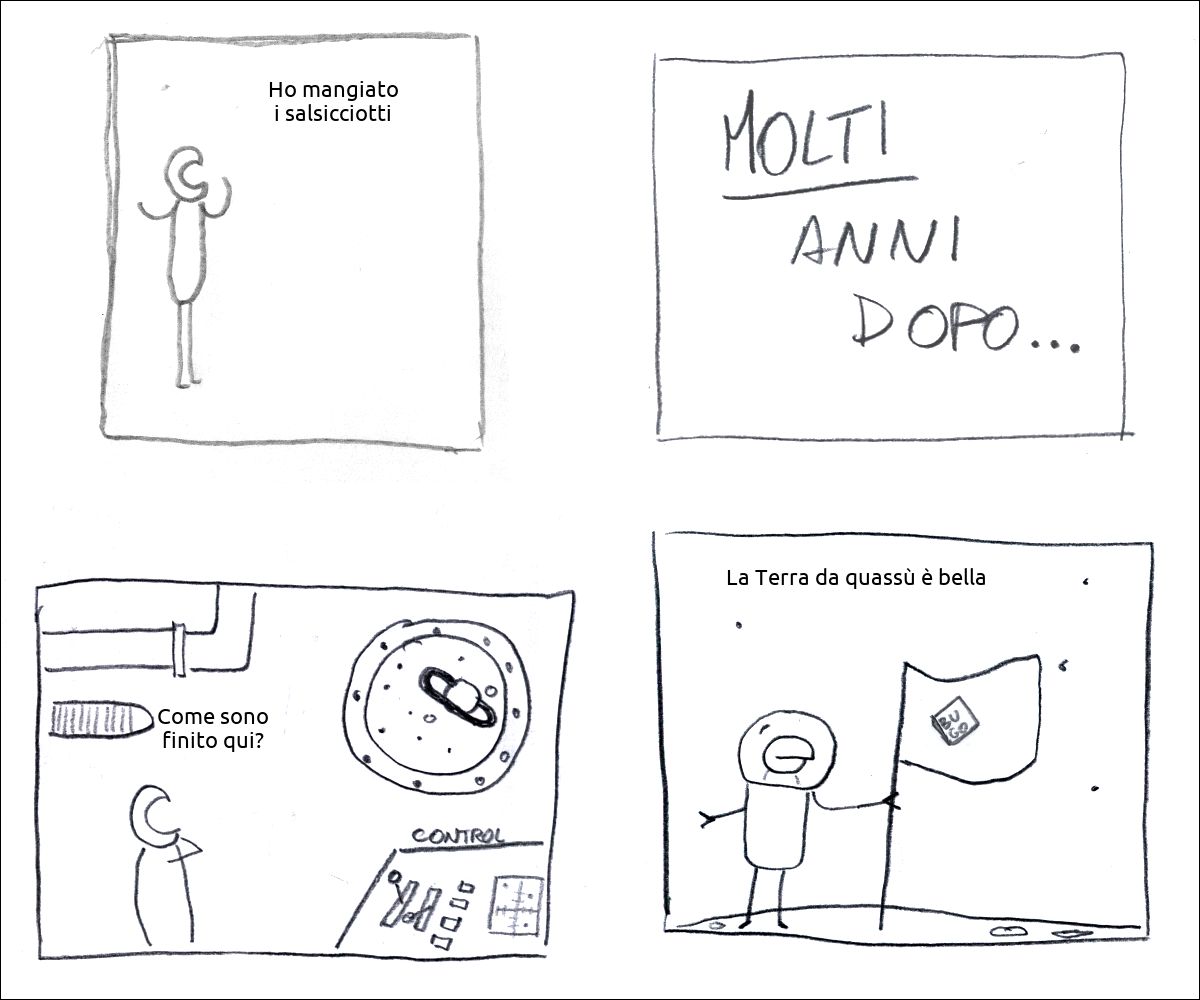 un tizio dice: «Ho mangiato i salsicciotti»
didascalia: molti anni dopo...
un tizio è su una astronave e dice: «Come sono finito qui?»
il tizio pianta una bandiera che rappresenta un CD di Bugo  su un pianeta e dice: «La Terra da quassù è bella»
