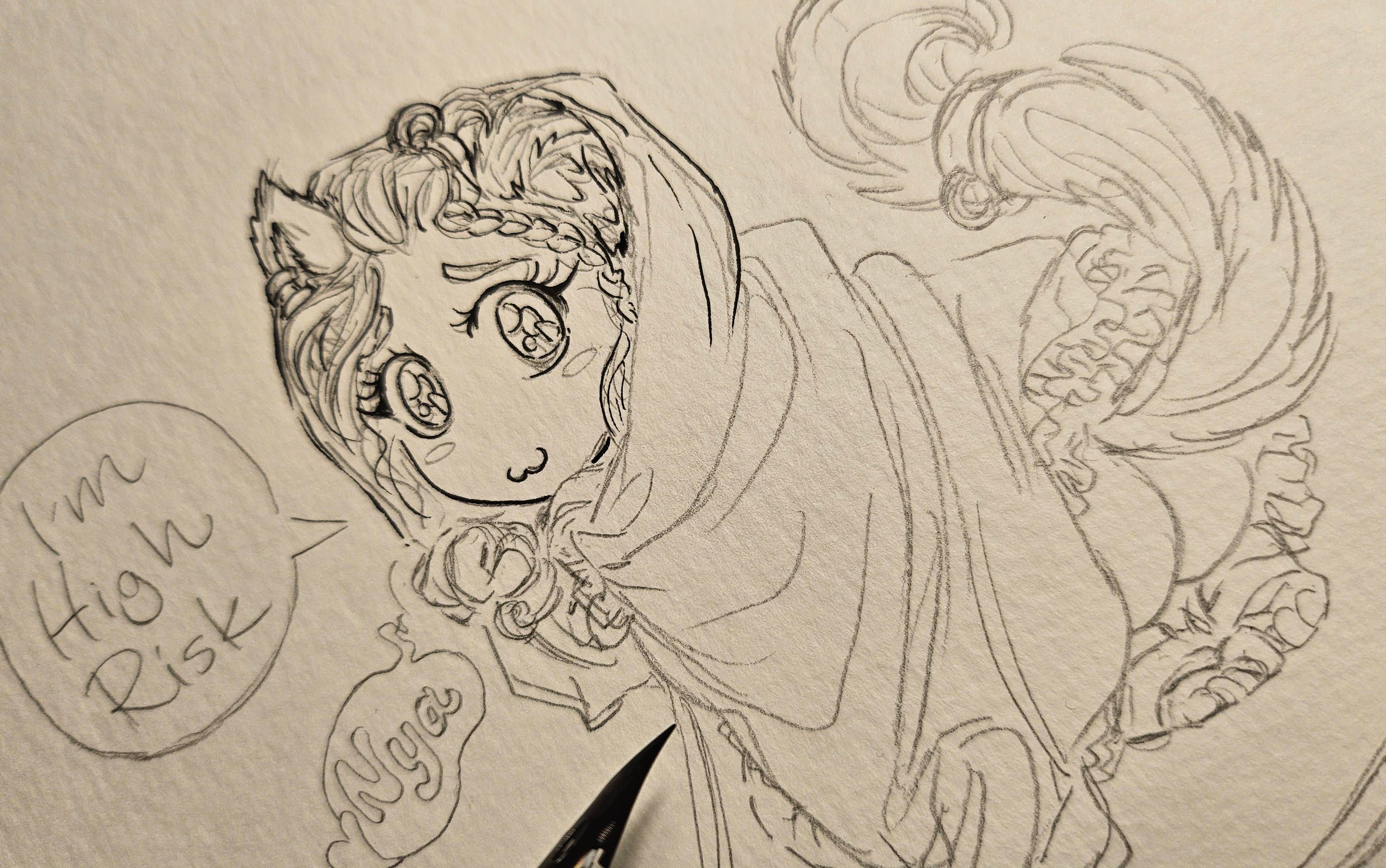 A chibi catgirl being inked. She says I'm high risk nya