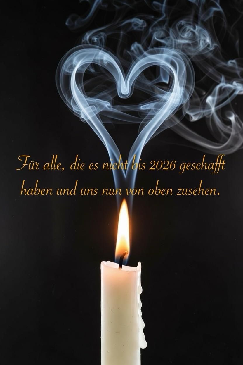 Eine beleuchtete weiße Kerze mit einer Herzform, die durch Rauch vor einem schwarzen Hintergrund gebildet wird. Das Bild zeigt einen Text: Für alle, die es nicht bis 2026 geschafft haben und uns nun von oben zusehen.