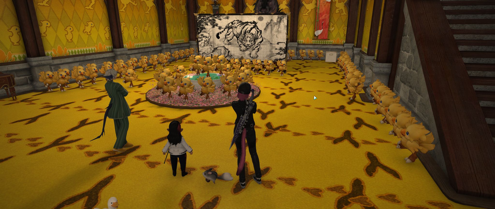 My room in FF, with yellow chocobo walls and floor. A miqo'te, a lala and an aura are watching dozens of alpha plushies.