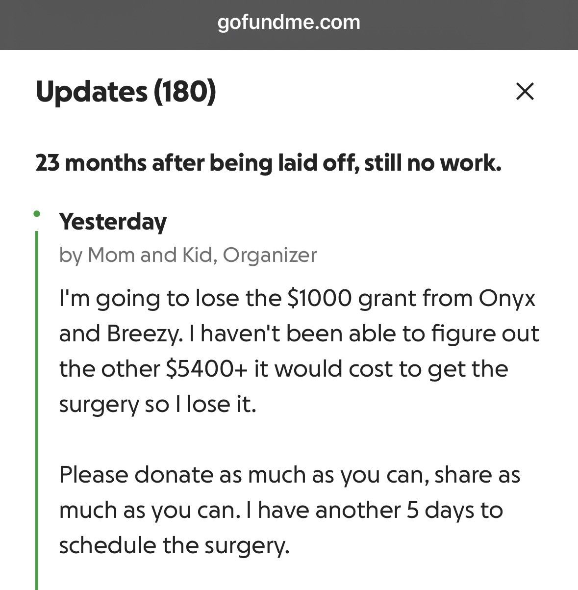 gofundme.com Updates (180) 23 months after being laid off, still no work. Yesterday by Mom and Kid, Organizer I'm going to lose the $1000 grant from Onyx and Breezy. I haven't been able to figure out the other $5400+ it would cost to get the surgery so llose it. Please donate as much as you can, share as much as you can. I have another 5 days to schedule the surgery.