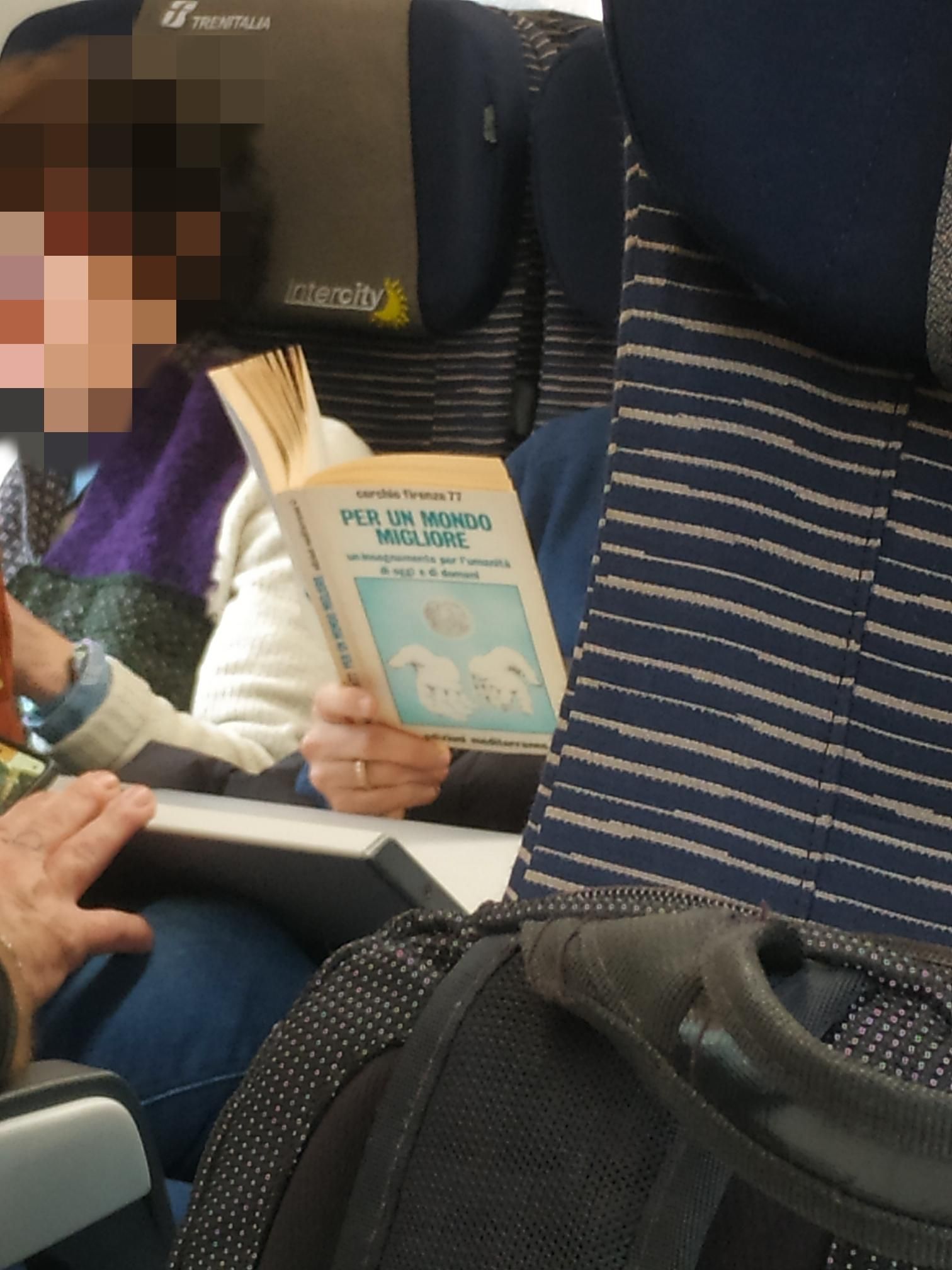 foto di un tizio in treno che legge un libro dal titolo "per un mondo migliore"